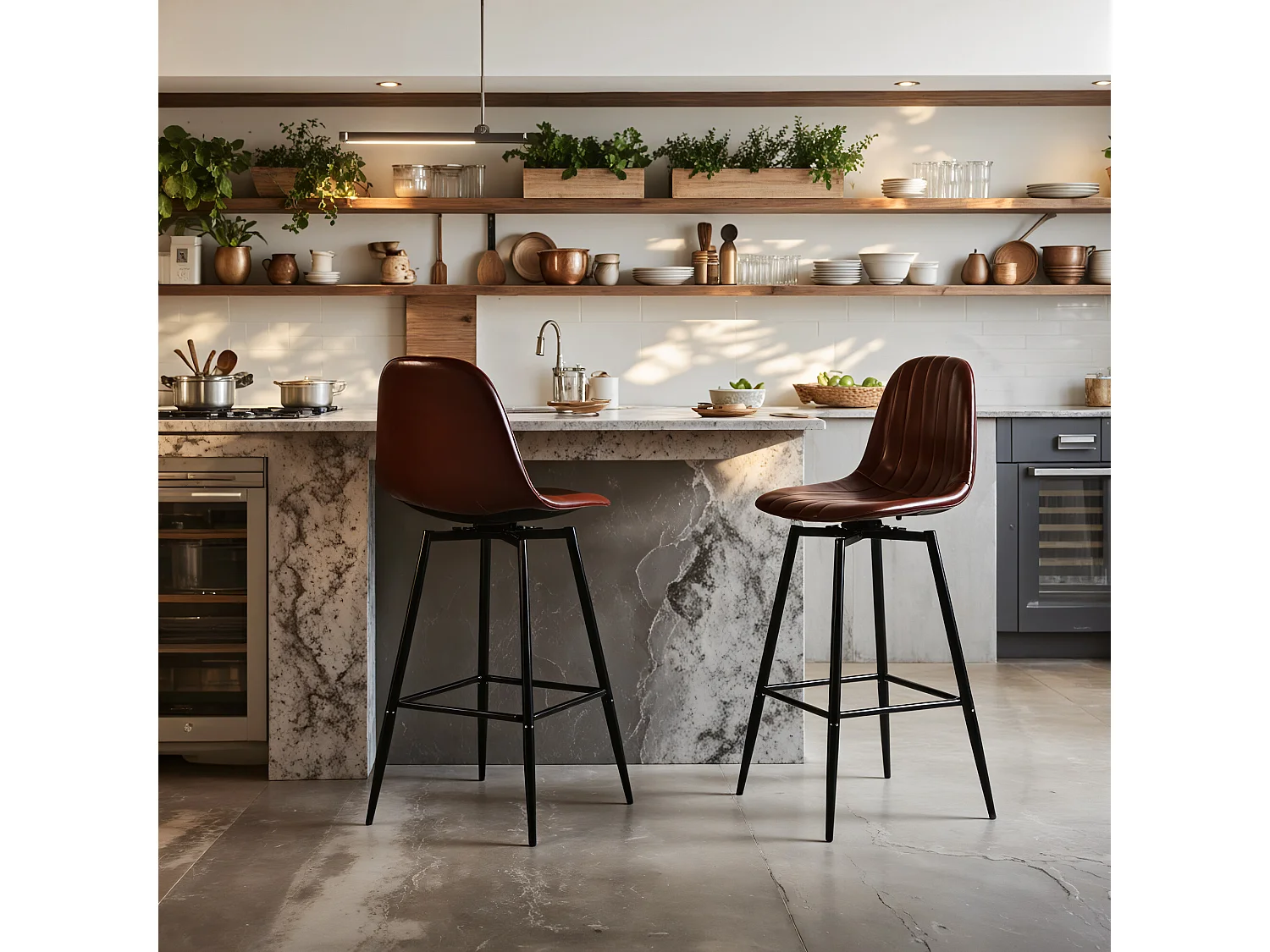 URBAN MEUBLE Lot de 2 tabourets de bar pivotants en PU marron capitonnée style vintage 67Hcm