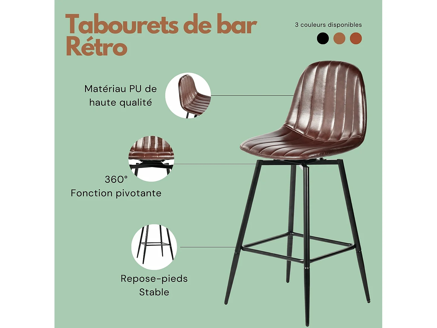 URBAN MEUBLE Lot de 2 tabourets de bar pivotants en PU marron capitonnée style vintage 67Hcm