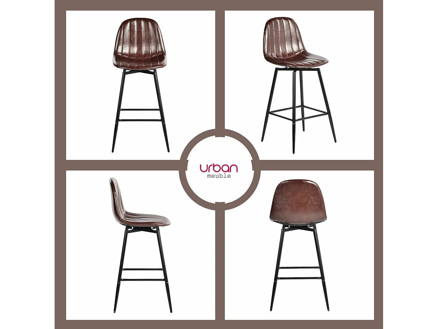 URBAN MEUBLE Lot de 2 tabourets de bar pivotants en PU marron capitonnée style vintage 67Hcm