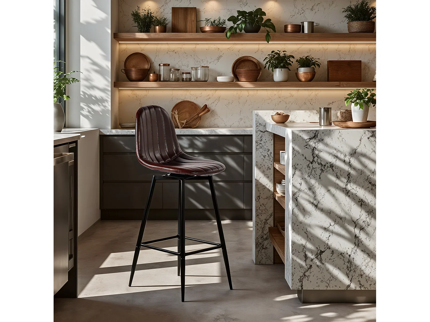 URBAN MEUBLE Lot de 2 tabourets de bar pivotants en PU marron capitonnée style vintage 67Hcm