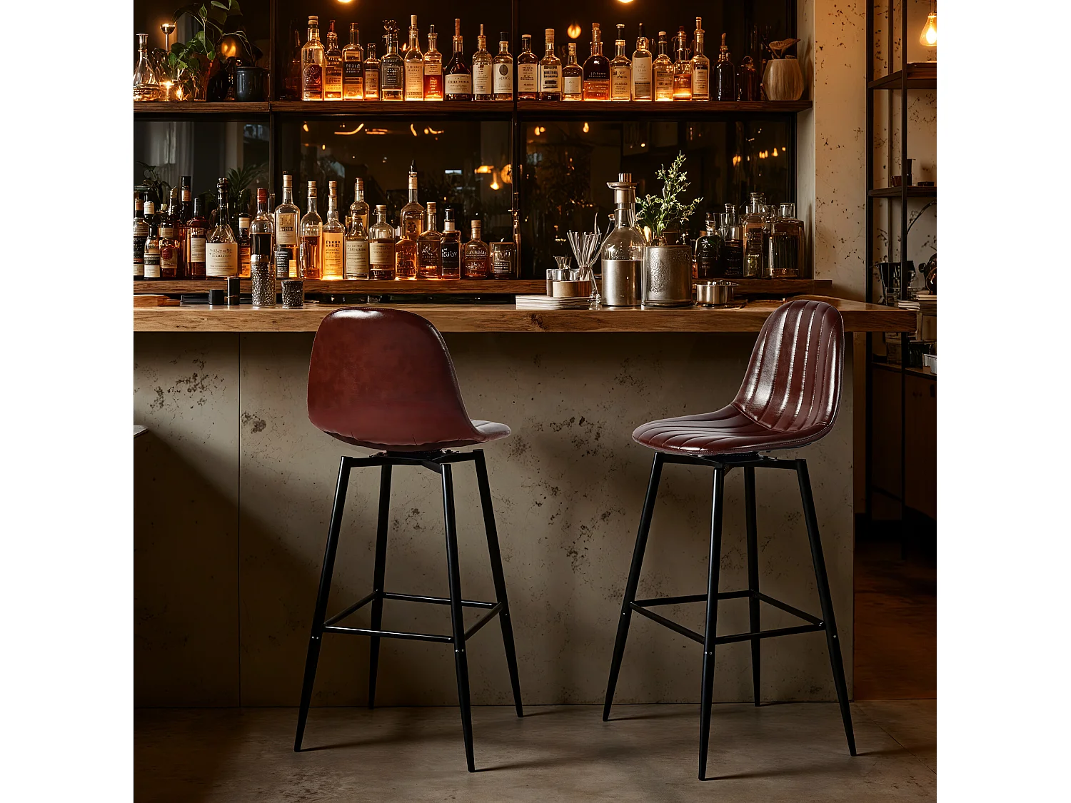 URBAN MEUBLE Lot de 2 tabourets de bar pivotants en PU marron capitonnée style vintage 67Hcm