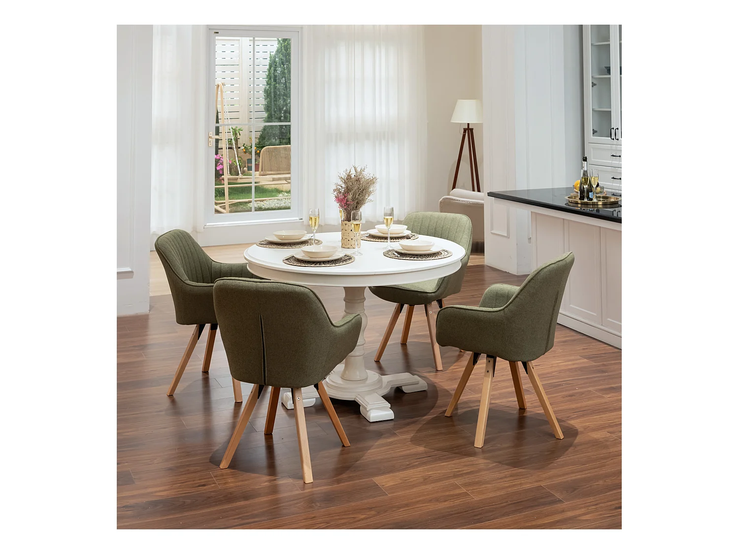 Lot de 4 fauteuil de salle à manger rotatif style scandinave en vert tissu,CARSON