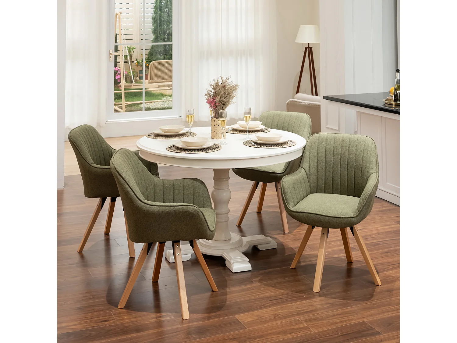 Lot de 4 fauteuil de salle à manger rotatif style scandinave en vert tissu,CARSON