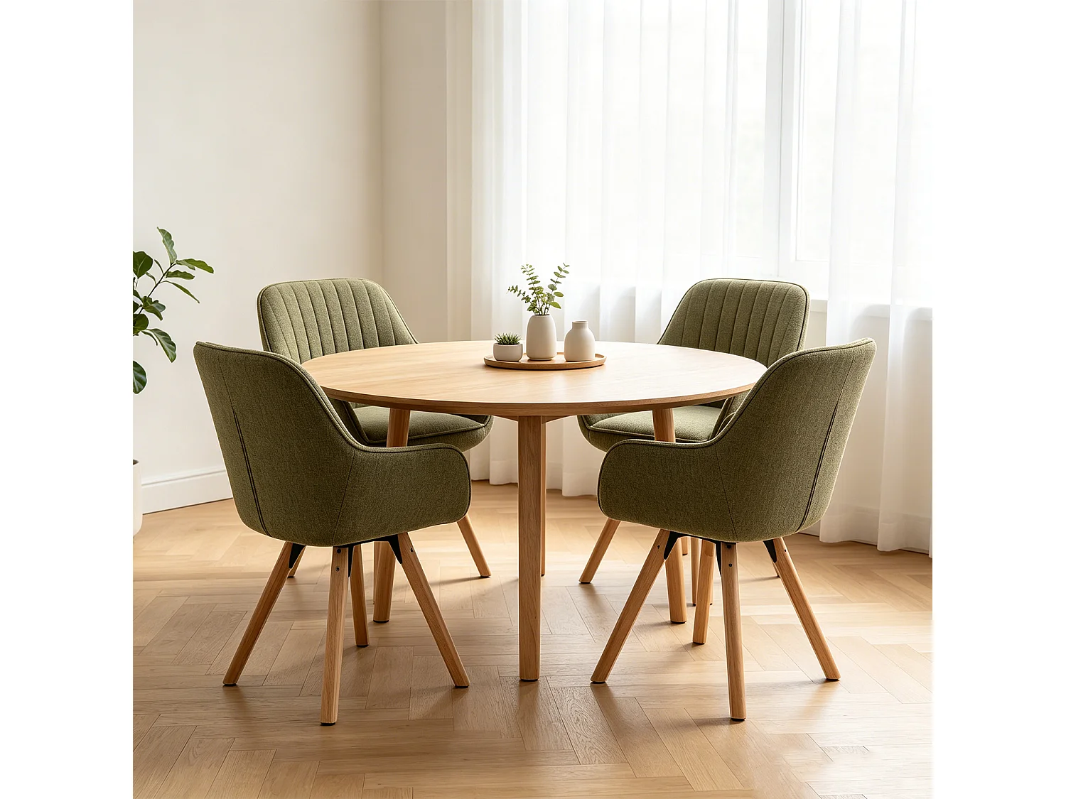 Meubles Cosy CARSON Lot de 4 fauteuils de salle à manger pivotants style scandinave tissu vert