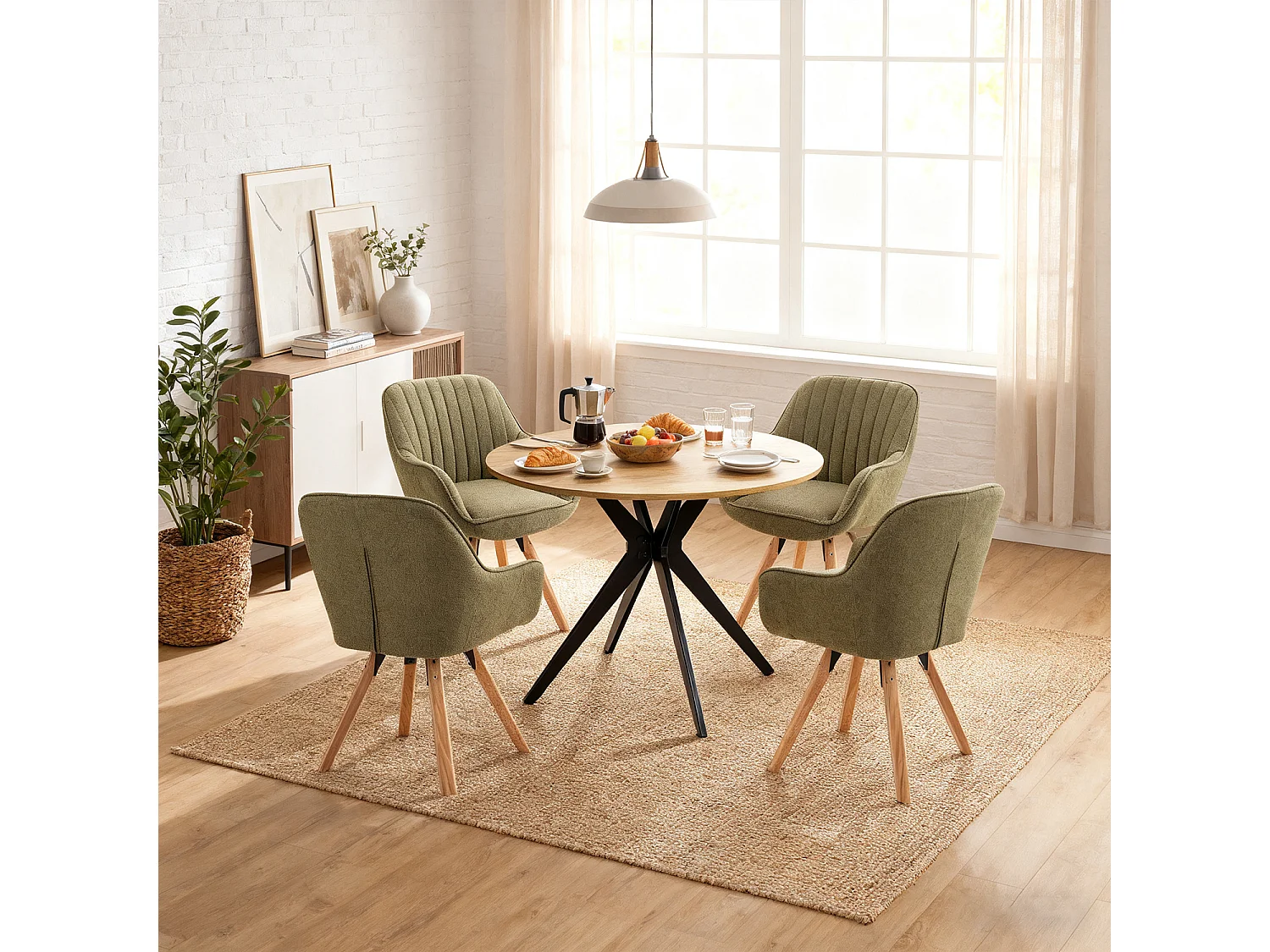 Meubles Cosy CARSON Lot de 4 fauteuils de salle à manger pivotants style scandinave tissu vert