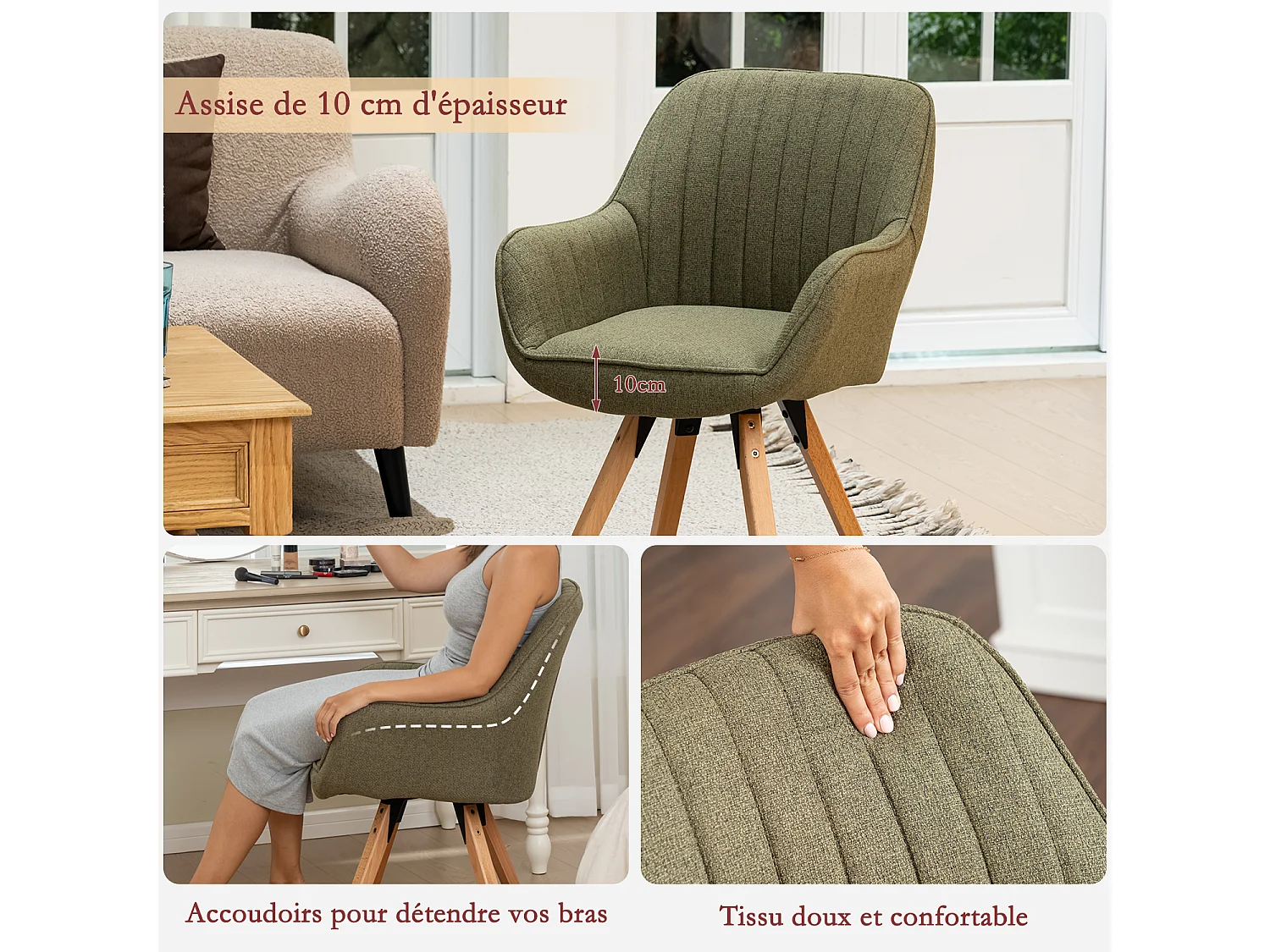 Lot de 4 fauteuil de salle à manger rotatif style scandinave en vert tissu,CARSON