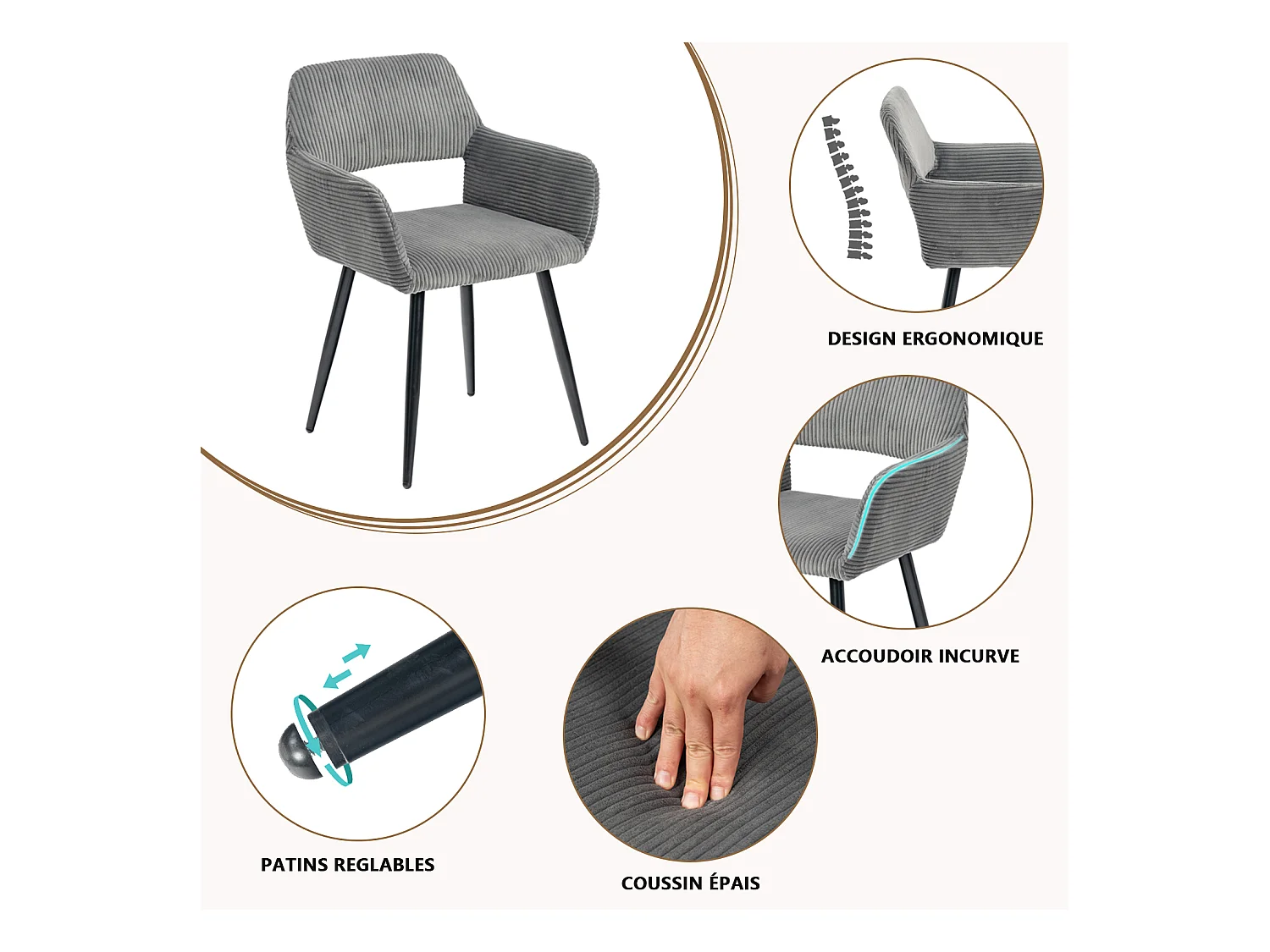 Lot de 4 chaises de salle à manger fauteuils en velours côtelé style scandinave,CROMWELL