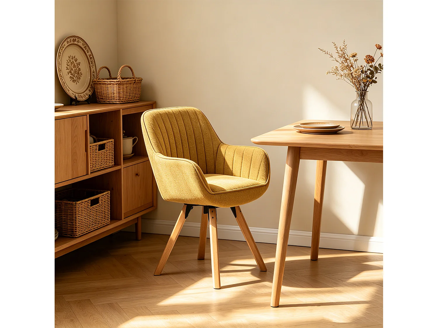 Meubles Cosy CARSON Fauteuil de salle à manger pivotant style scandinave tissu jaune