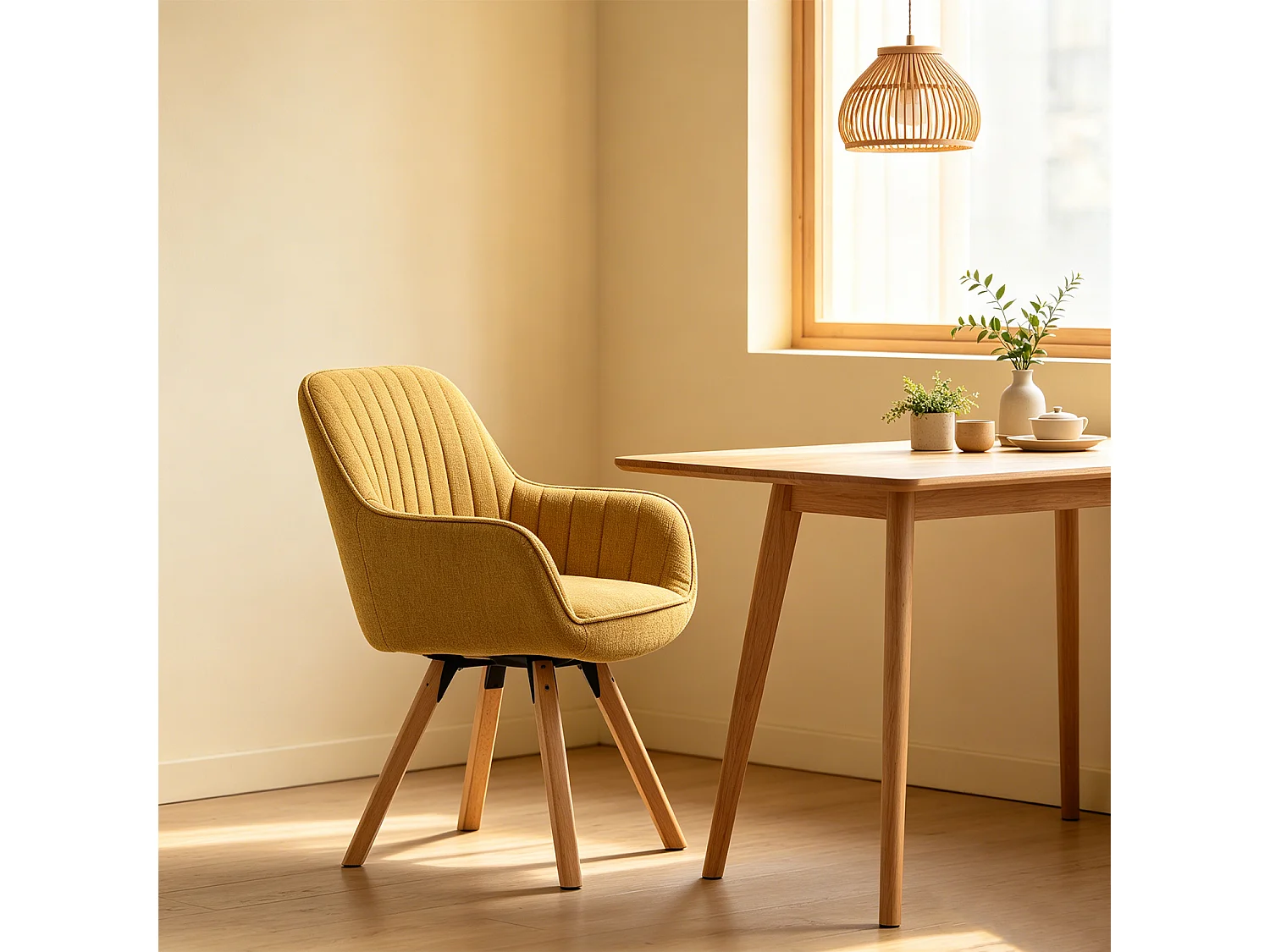 Meubles Cosy CARSON Fauteuil de salle à manger pivotant style scandinave tissu jaune