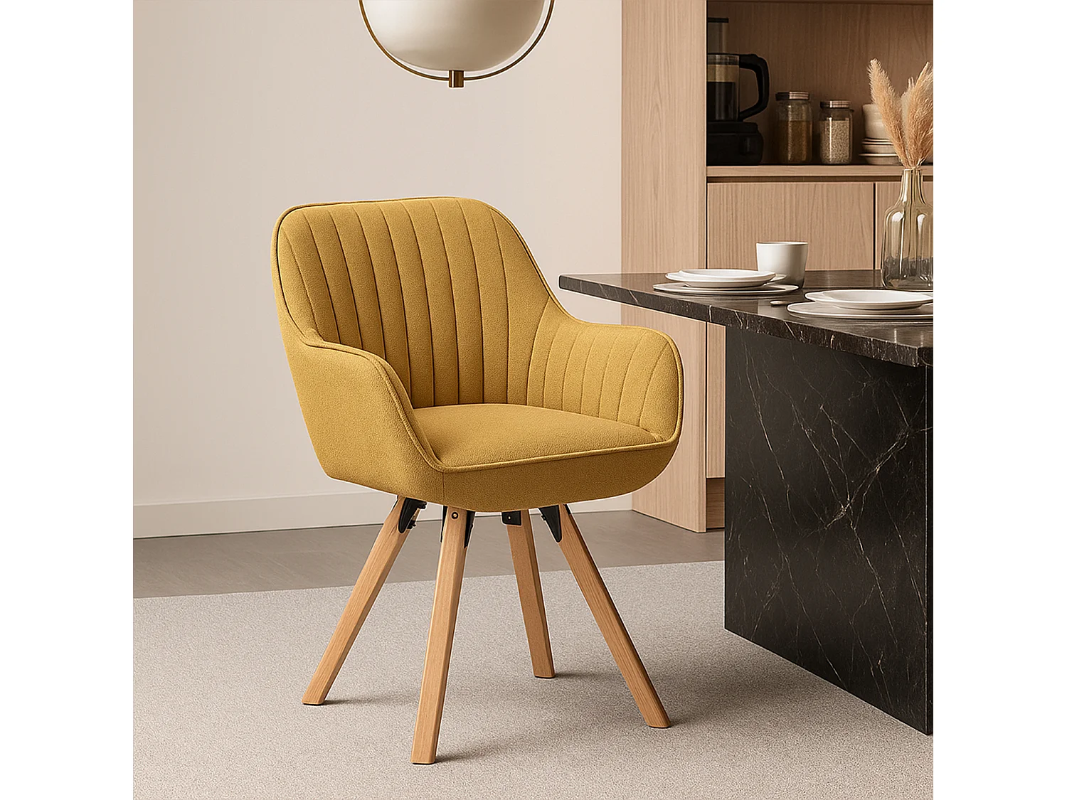 Meubles Cosy CARSON Fauteuil de salle à manger pivotant style scandinave tissu jaune
