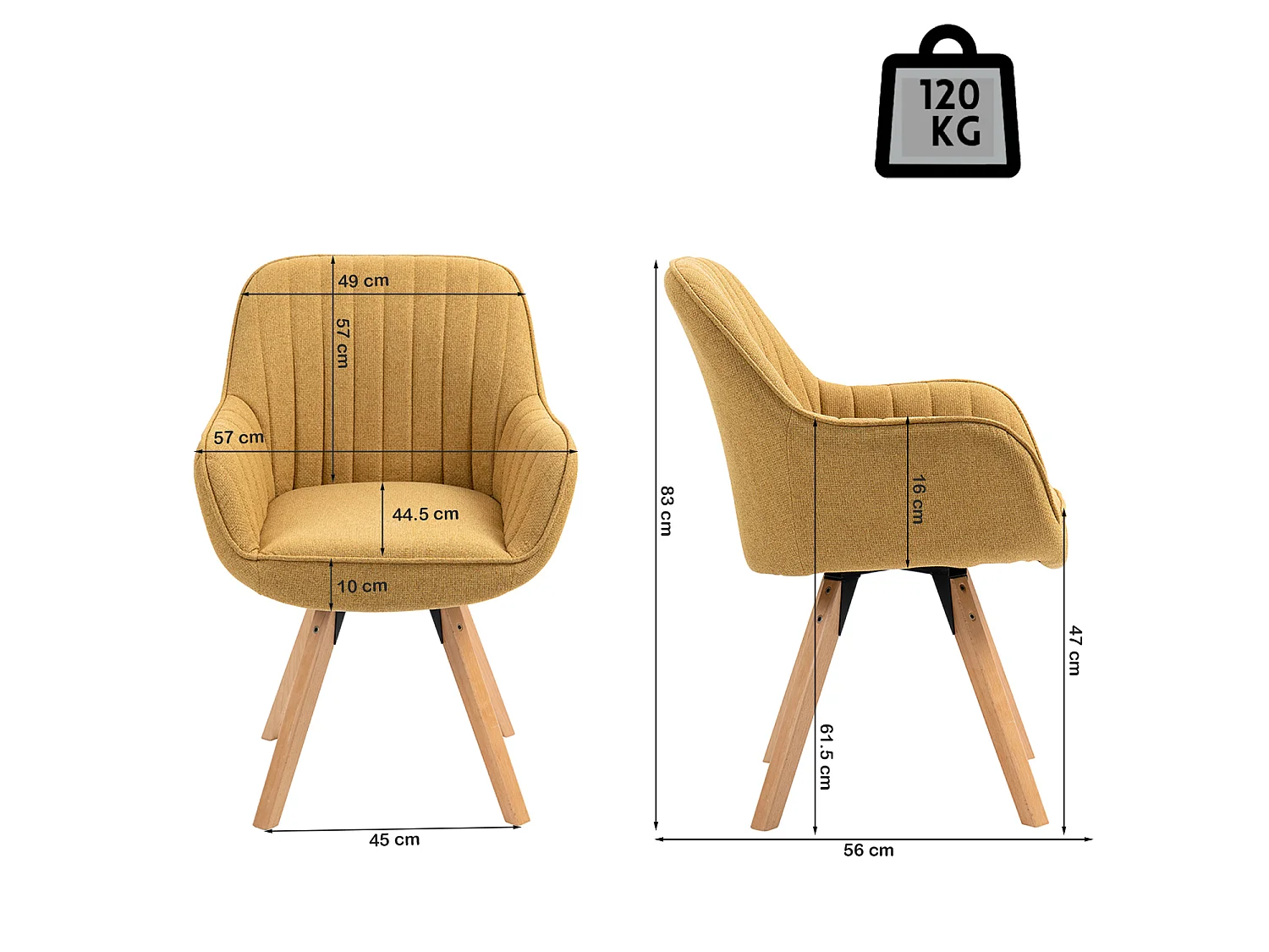 Meubles Cosy CARSON Fauteuil de salle à manger pivotant style scandinave tissu jaune