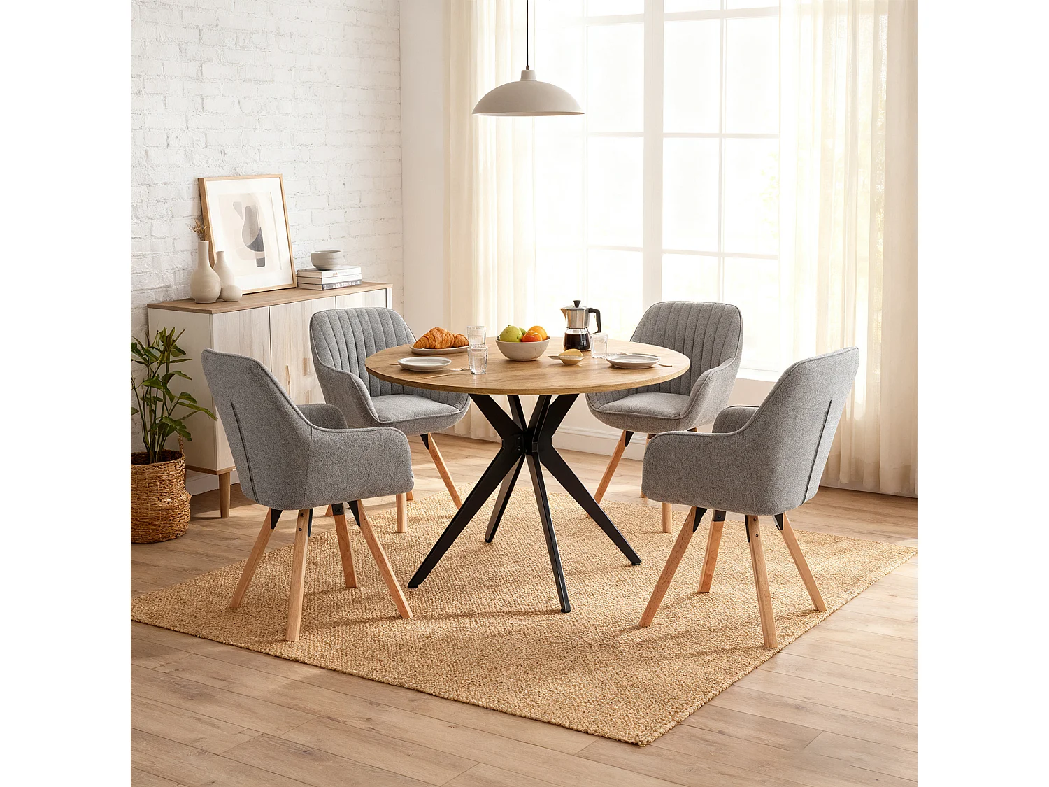 Meubles Cosy CARSON Lot de 4 fauteuils de salle à manger pivotants style scandinave tissu gris