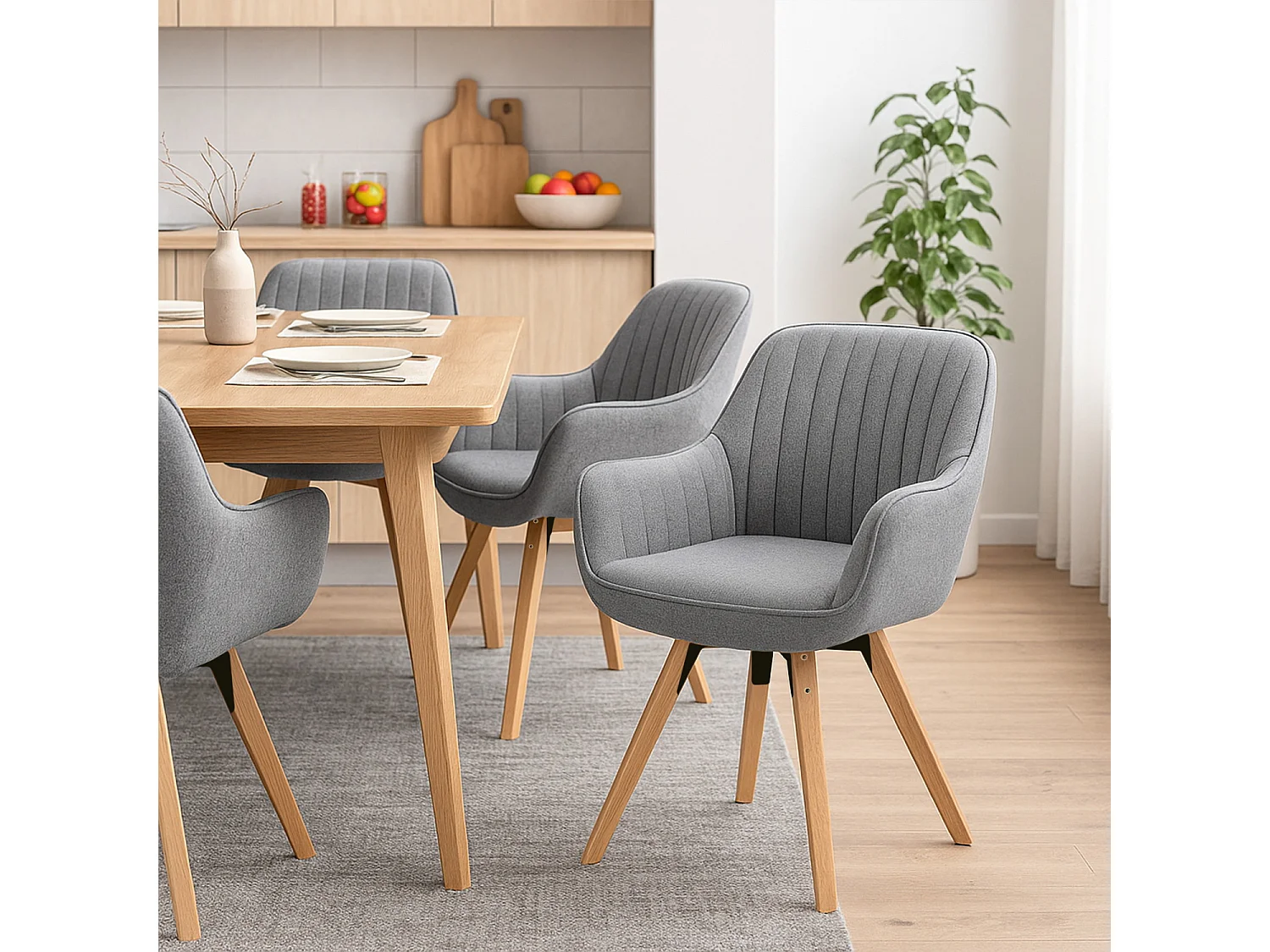 Meubles Cosy CARSON Lot de 4 fauteuils de salle à manger pivotants style scandinave tissu gris