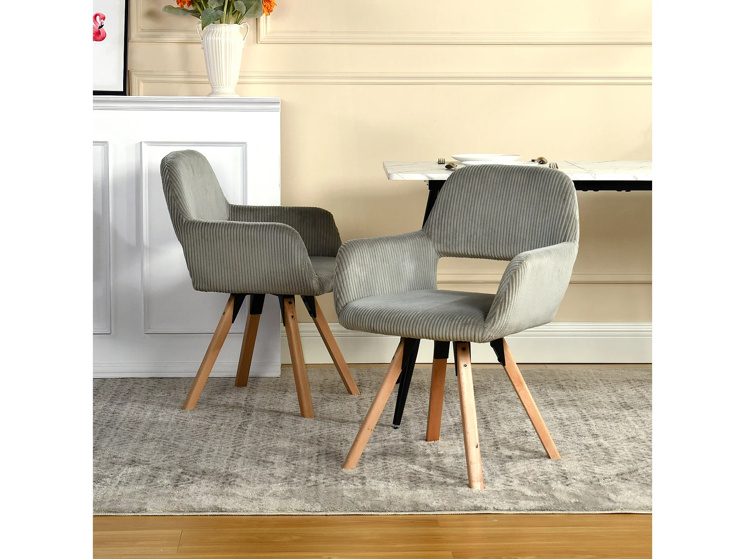 Lot de 2 chaises de salle à manger fauteuils en velours côtelé pied en bois de hêtre style scandinave,CROMWELL