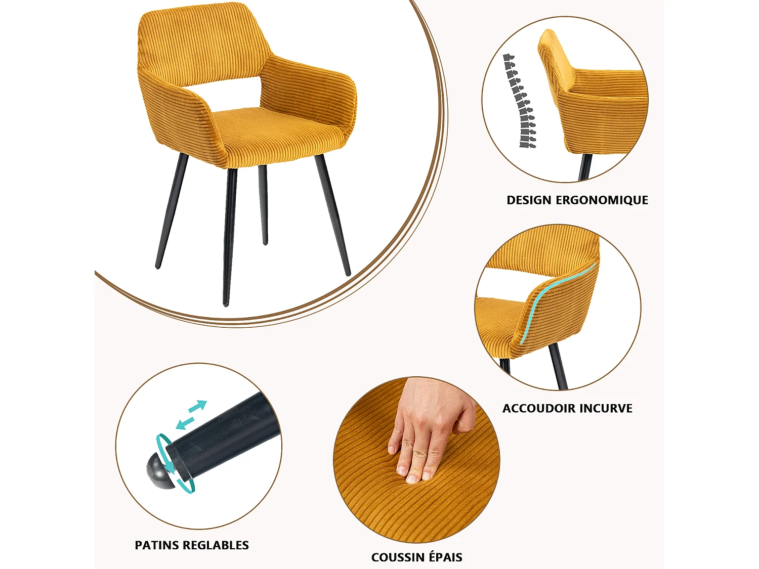 Lot de 6 chaises de salle à manger fauteuils en velours côtelé style scandinave,CROMWELL