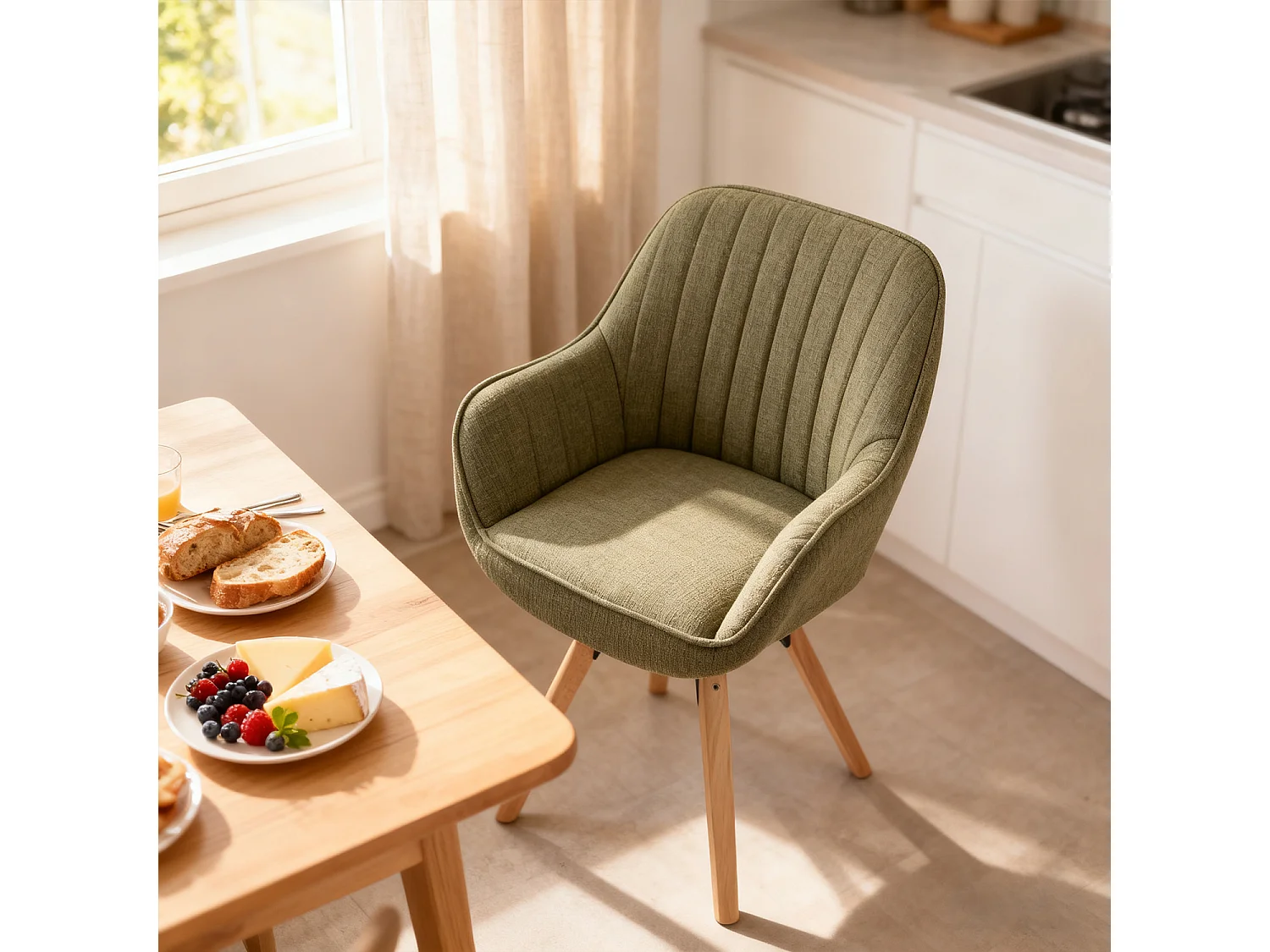 Fauteuil de salle à manger rotatif style scandinave en vert tissu,CARSON