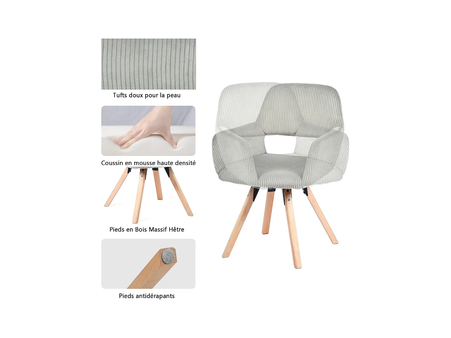 Lot de 4 chaises de salle à manger fauteuils en velours côtelé pied en bois de hêtre style scandinave,CROMWELL