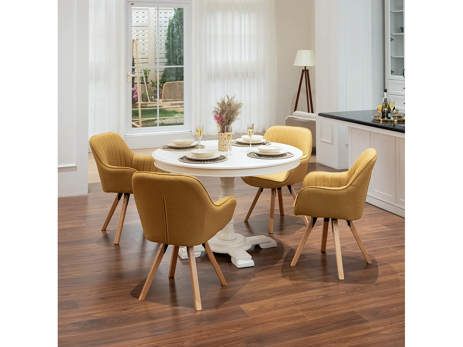 Lot de 4 fauteuil de salle à manger rotatif style scandinave en jaune tissu,CARSON