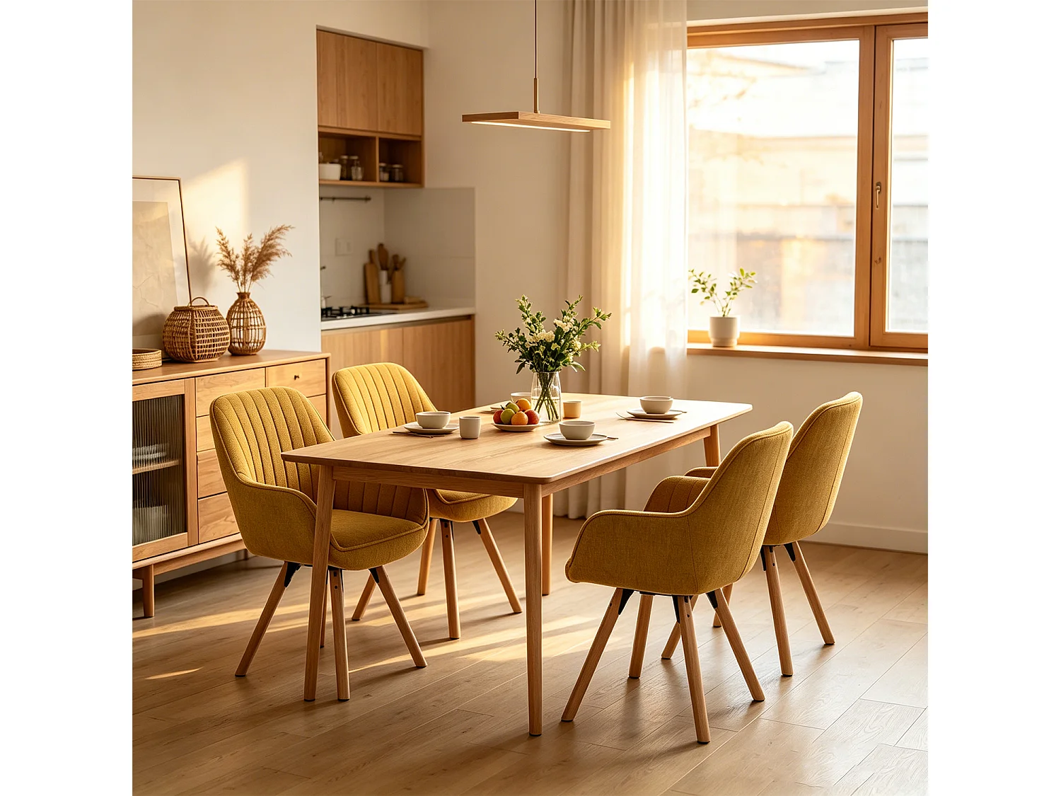 Meubles Cosy CARSON Lot de 4 fauteuils de salle à manger pivotants style scandinave tissu jaune