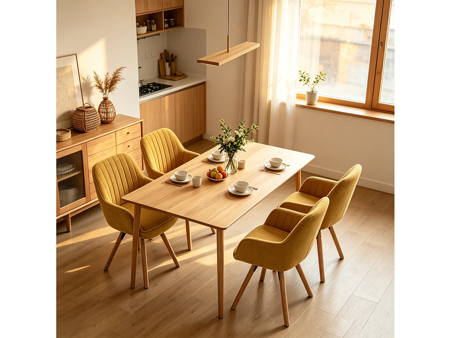 Meubles Cosy CARSON Lot de 4 fauteuils de salle à manger pivotants style scandinave tissu jaune