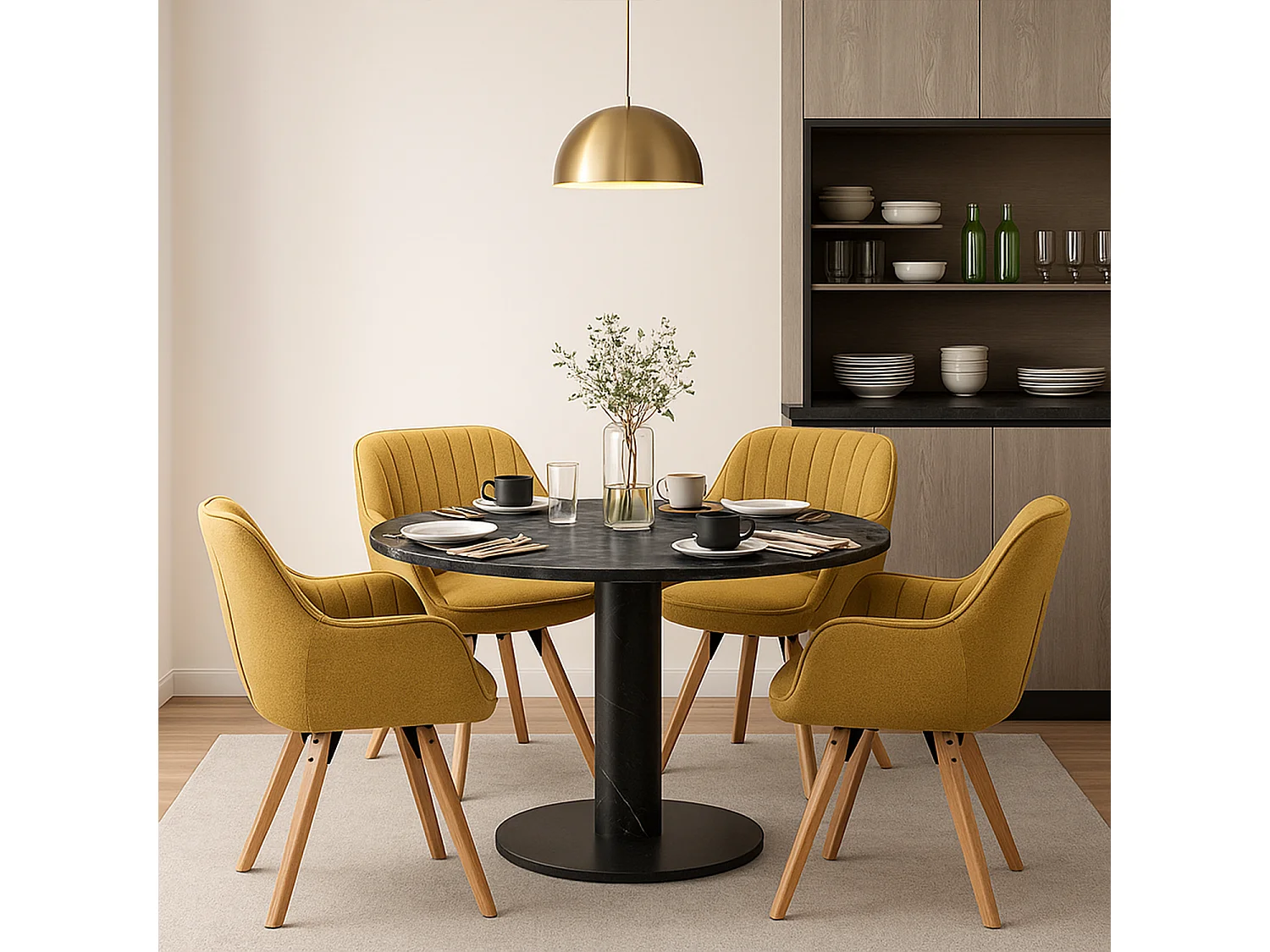 Meubles Cosy CARSON Lot de 4 fauteuils de salle à manger pivotants style scandinave tissu jaune