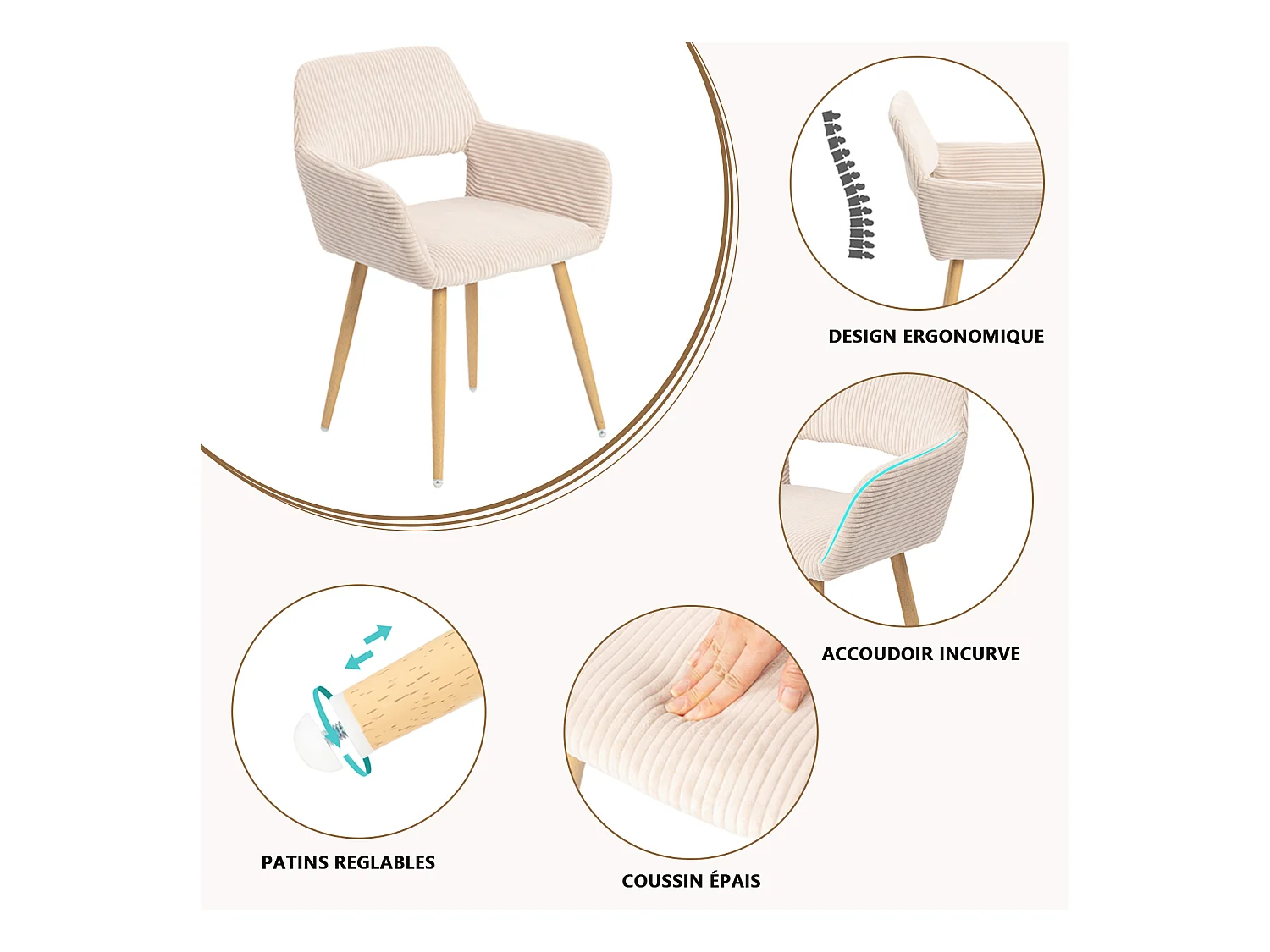 Lot de 4 chaises de salle à manger fauteuils en velours côtelé style scandinave,CROMWELL