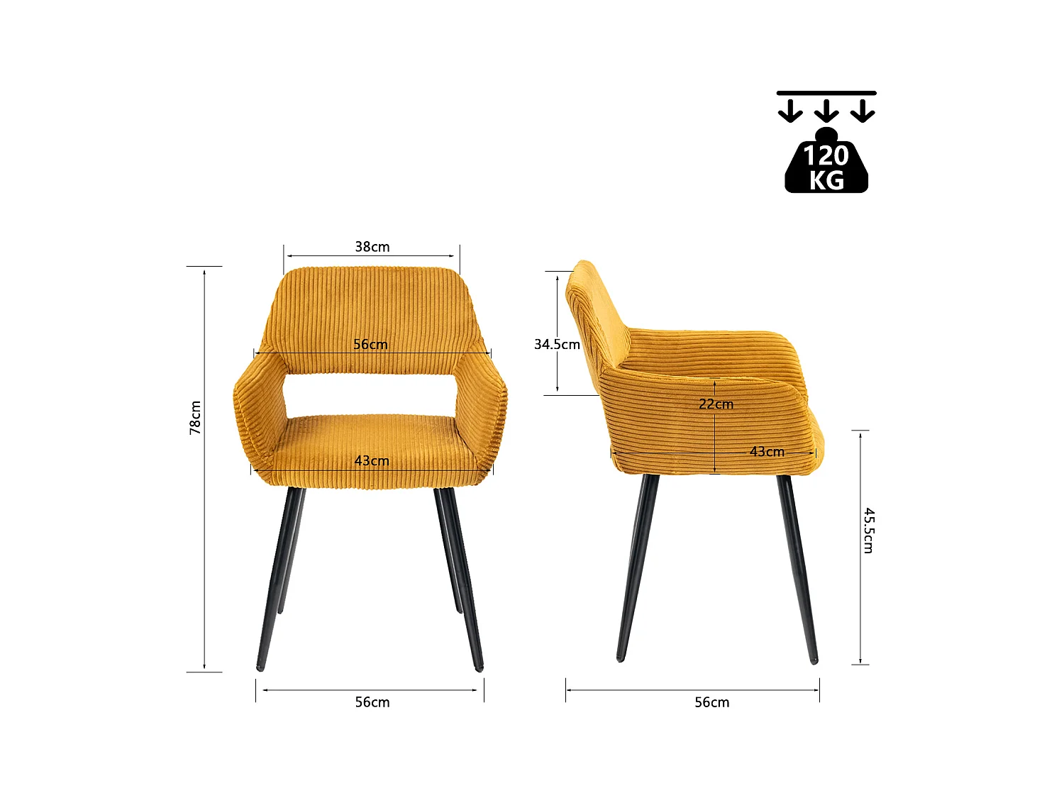 Lot de 2 chaises de salle à manger fauteuils en velours côtelé style scandinave,CROMWELL