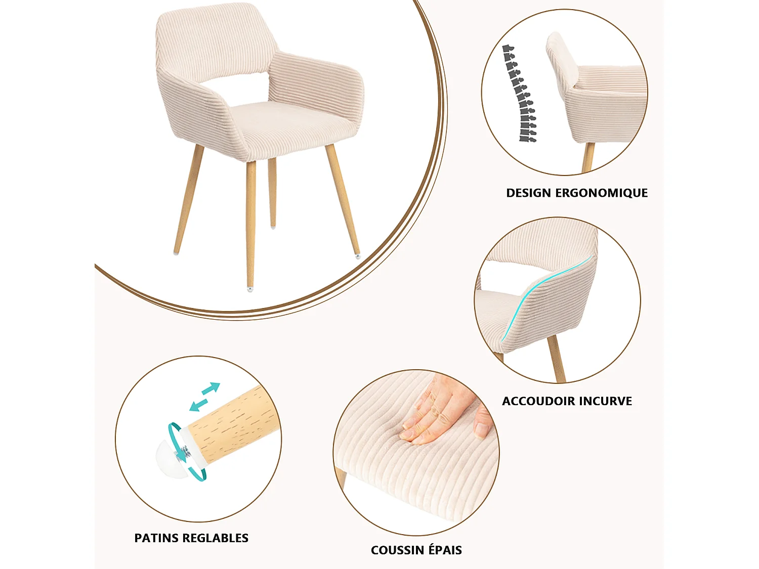 Lot de 6 chaises de salle à manger fauteuils en velours côtelé style scandinave,CROMWELL