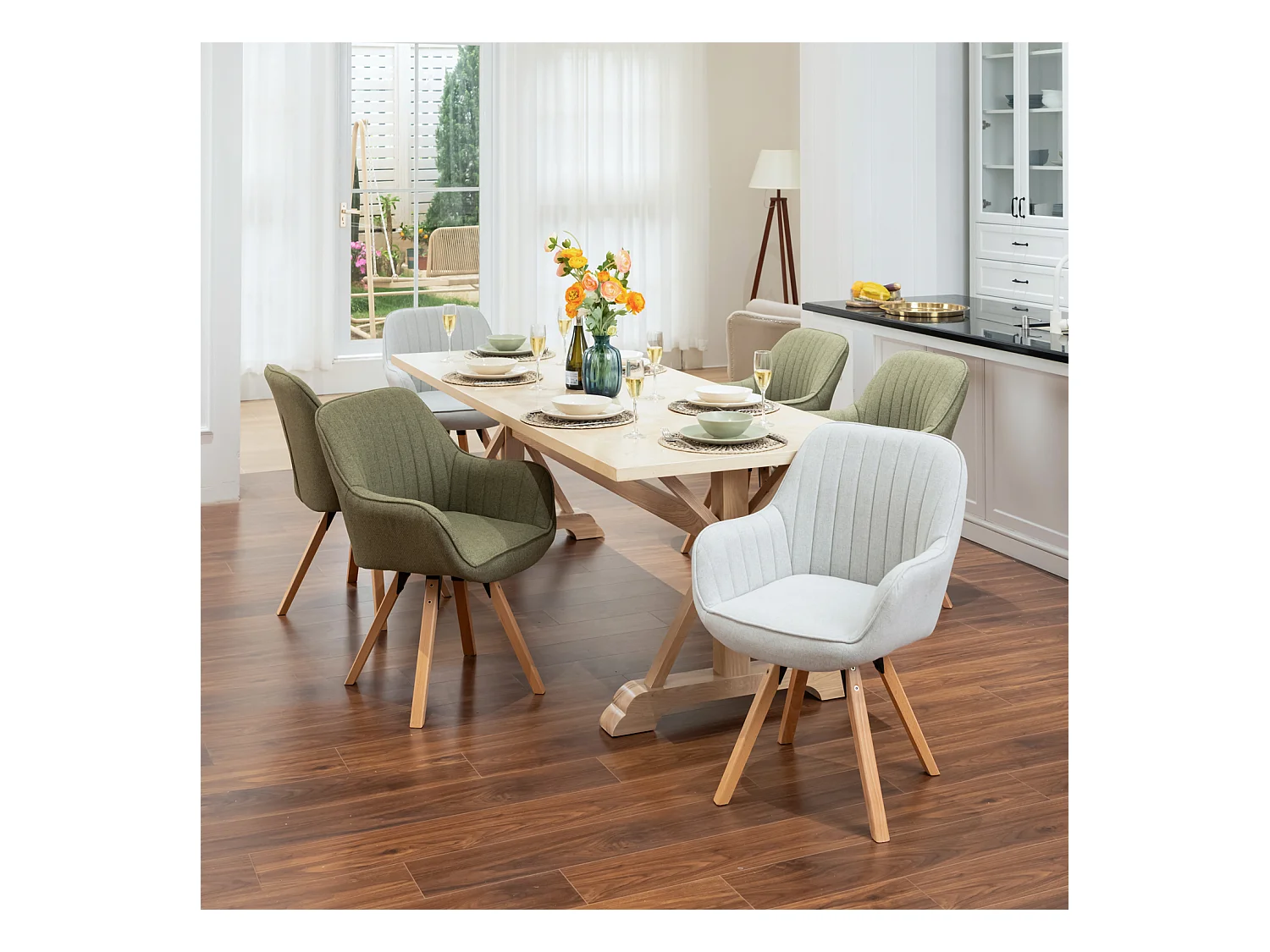 Lot de 6 fauteuil de salle à manger rotatif style scandinave en vert tissu,CARSON