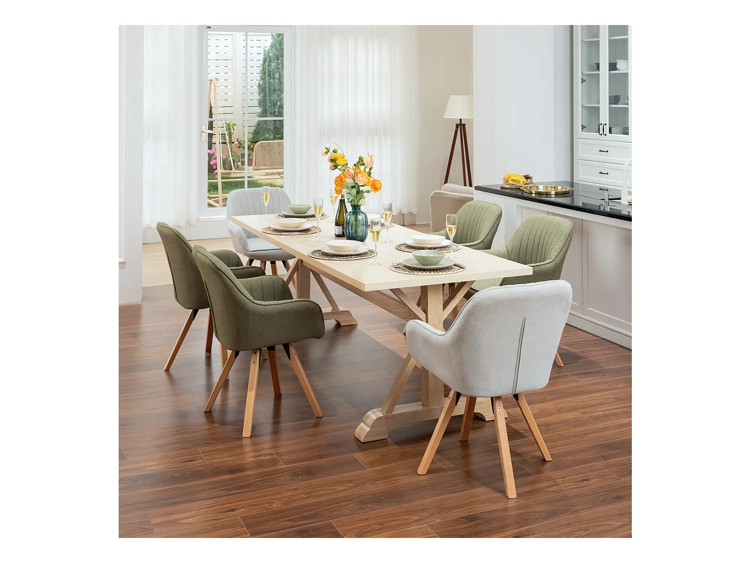 Lot de 6 fauteuil de salle à manger rotatif style scandinave en vert tissu,CARSON