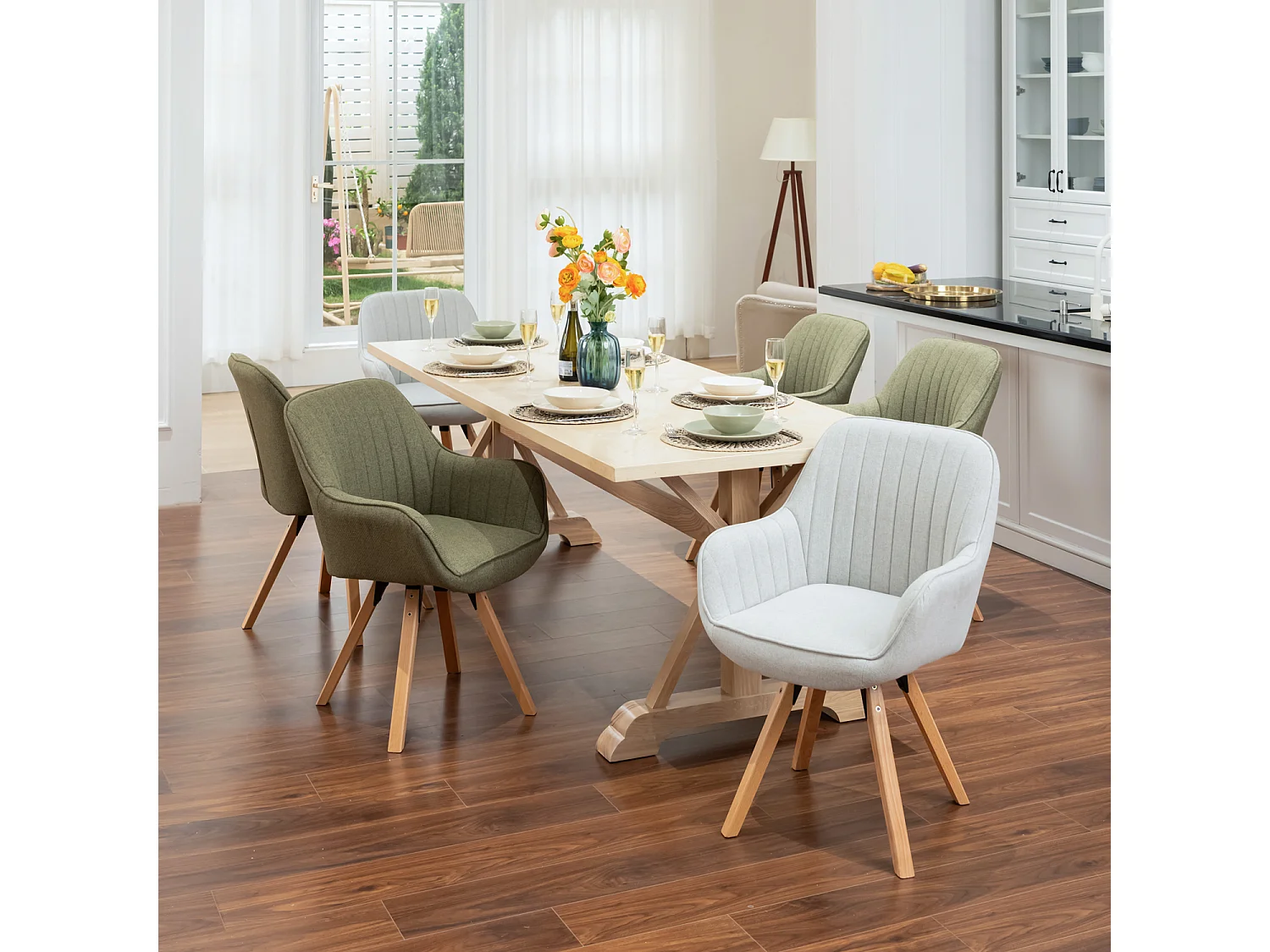 Lot de 6 fauteuil de salle à manger rotatif style scandinave en vert tissu,CARSON