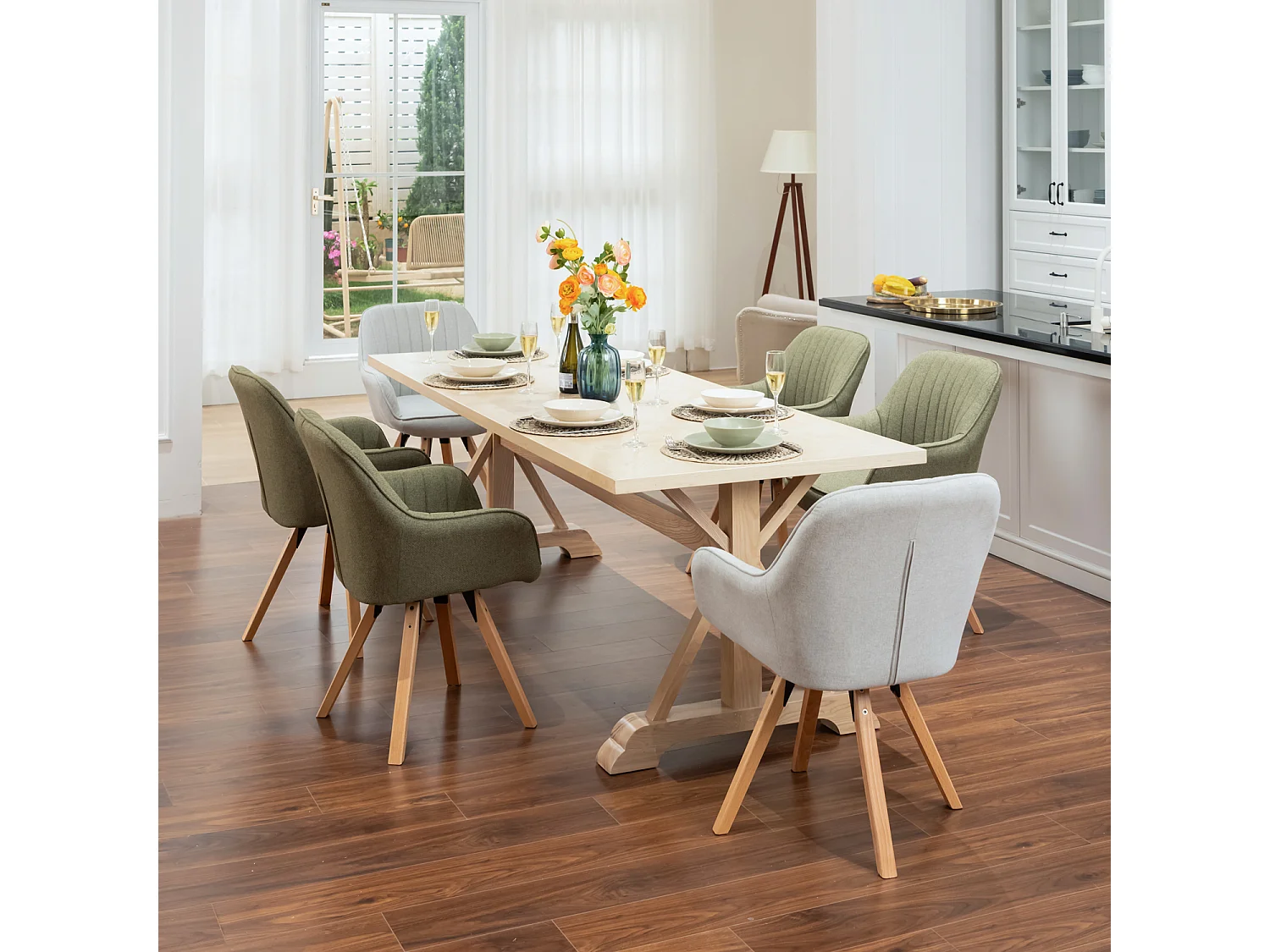 Lot de 6 fauteuil de salle à manger rotatif style scandinave en vert tissu,CARSON