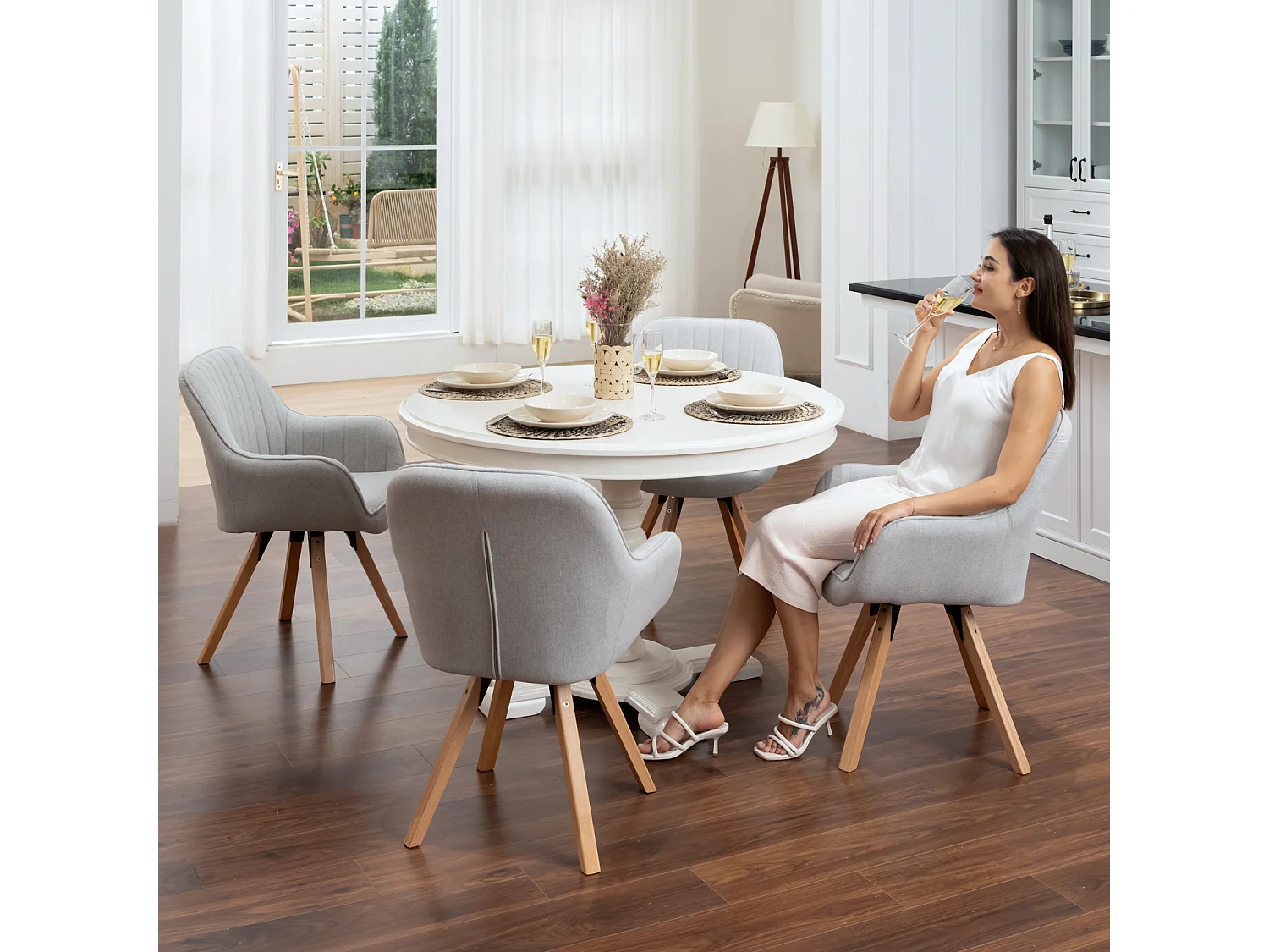 Fauteuil de salle à manger rotatif style scandinave en beige tissu,CARSON