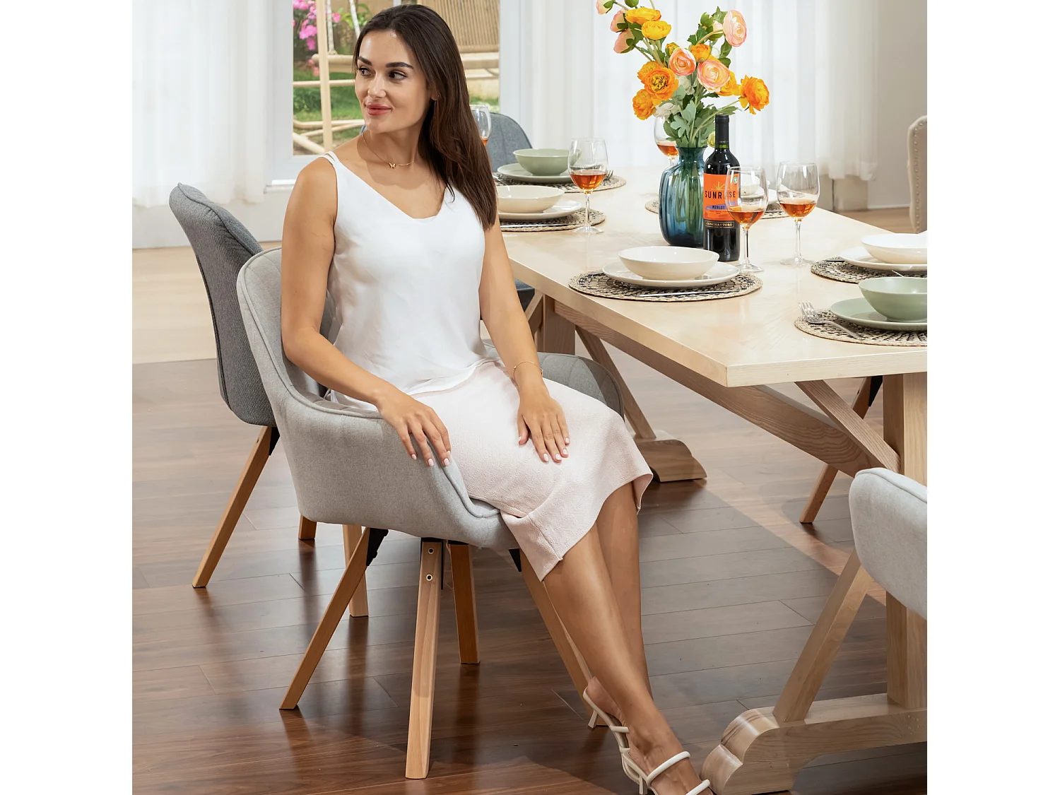 Lot de 4 fauteuil de salle à manger rotatif style scandinave en beige tissu,CARSON