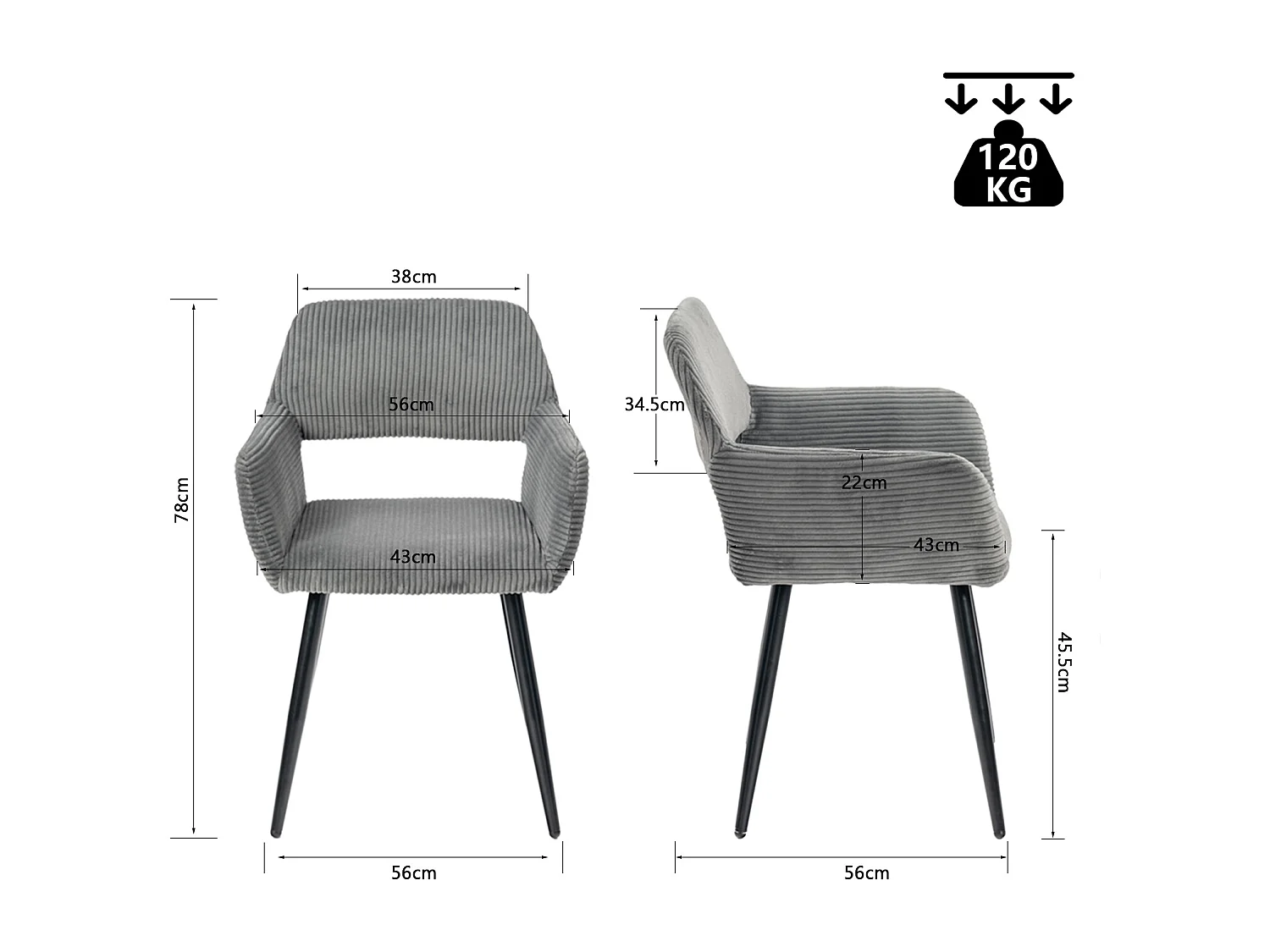 Lot de 2 chaises de salle à manger fauteuils en velours côtelé style scandinave,CROMWELL