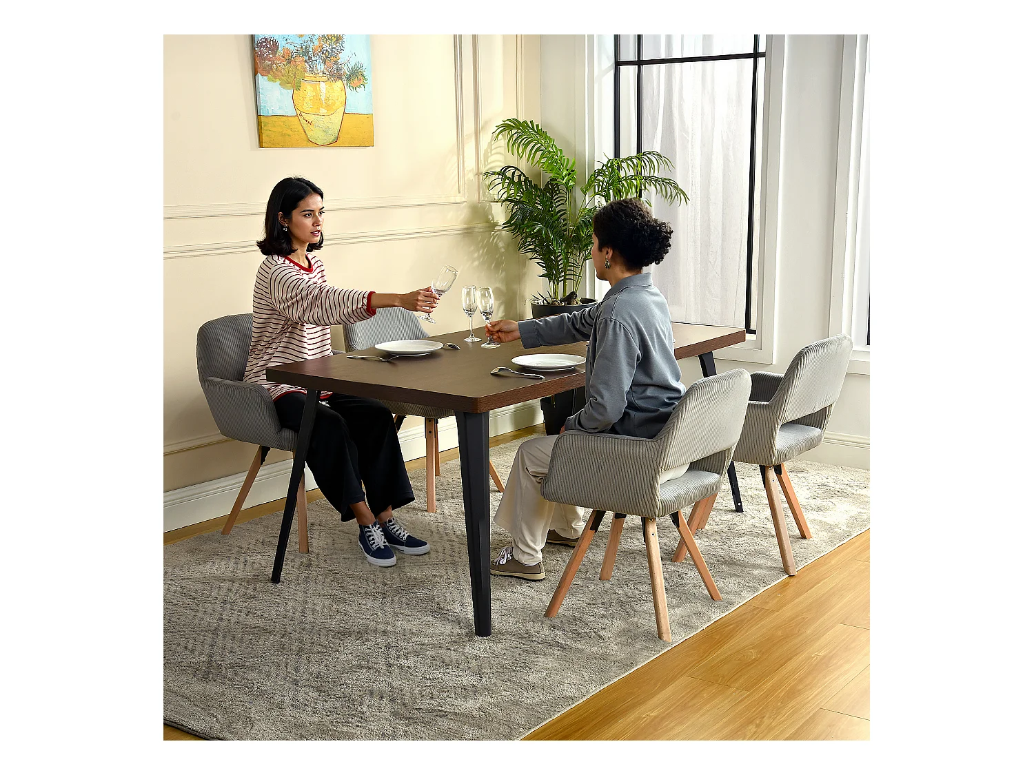 Lot de 6 chaises de salle à manger fauteuils en velours côtelé pied en bois de hêtre style scandinave,CROMWELL