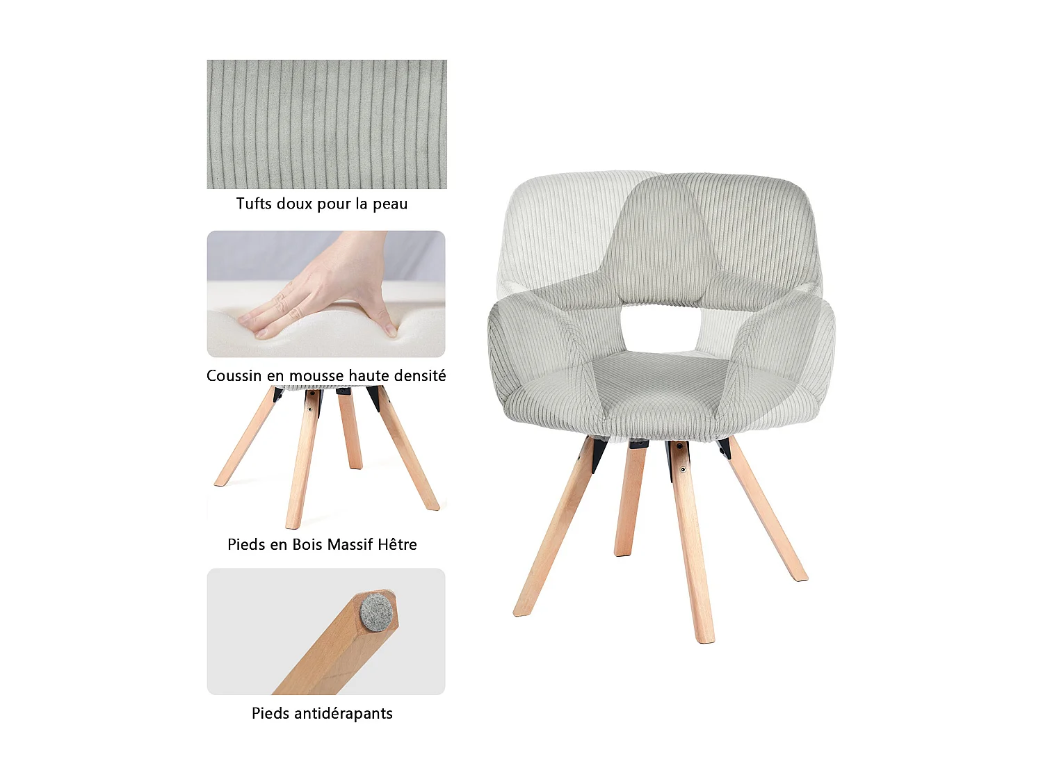 Lot de 6 chaises de salle à manger fauteuils en velours côtelé pied en bois de hêtre style scandinave,CROMWELL