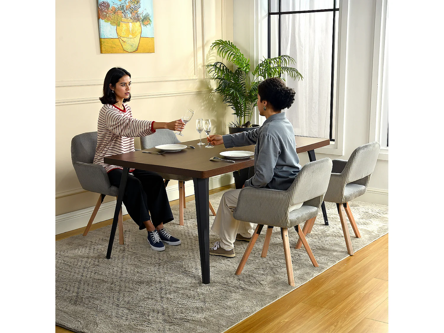 Lot de 6 chaises de salle à manger fauteuils en velours côtelé pied en bois de hêtre style scandinave,CROMWELL