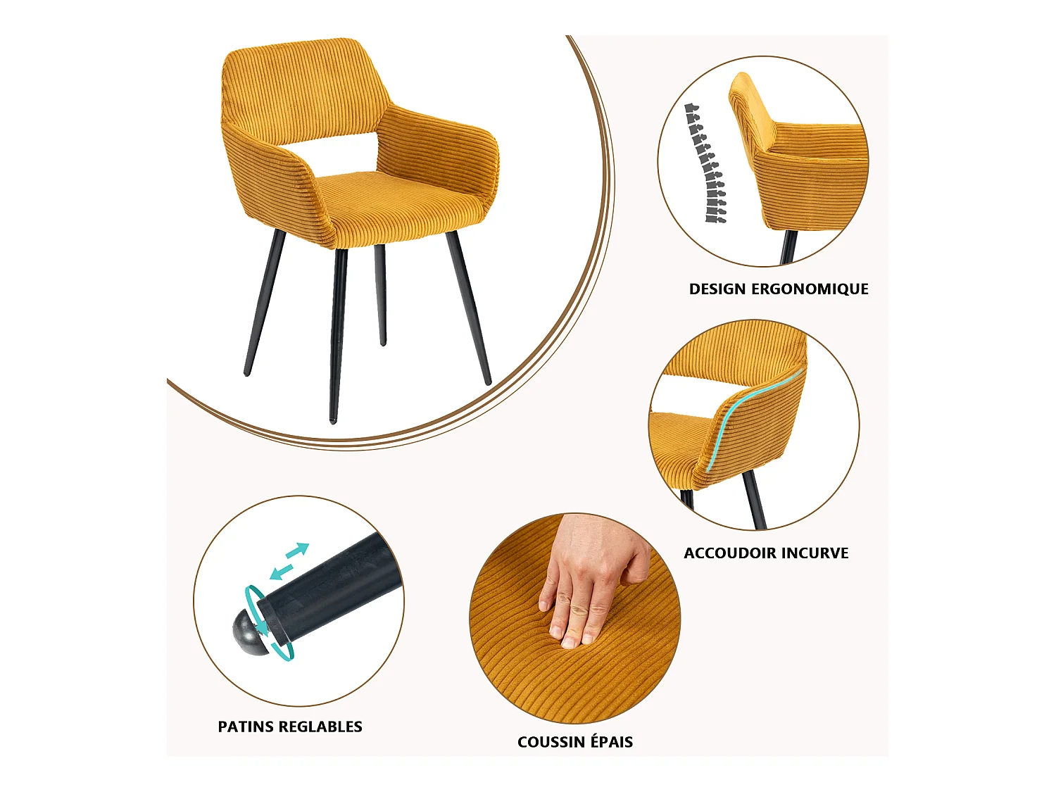 Lot de 4 chaises de salle à manger fauteuils en velours côtelé style scandinave,CROMWELL