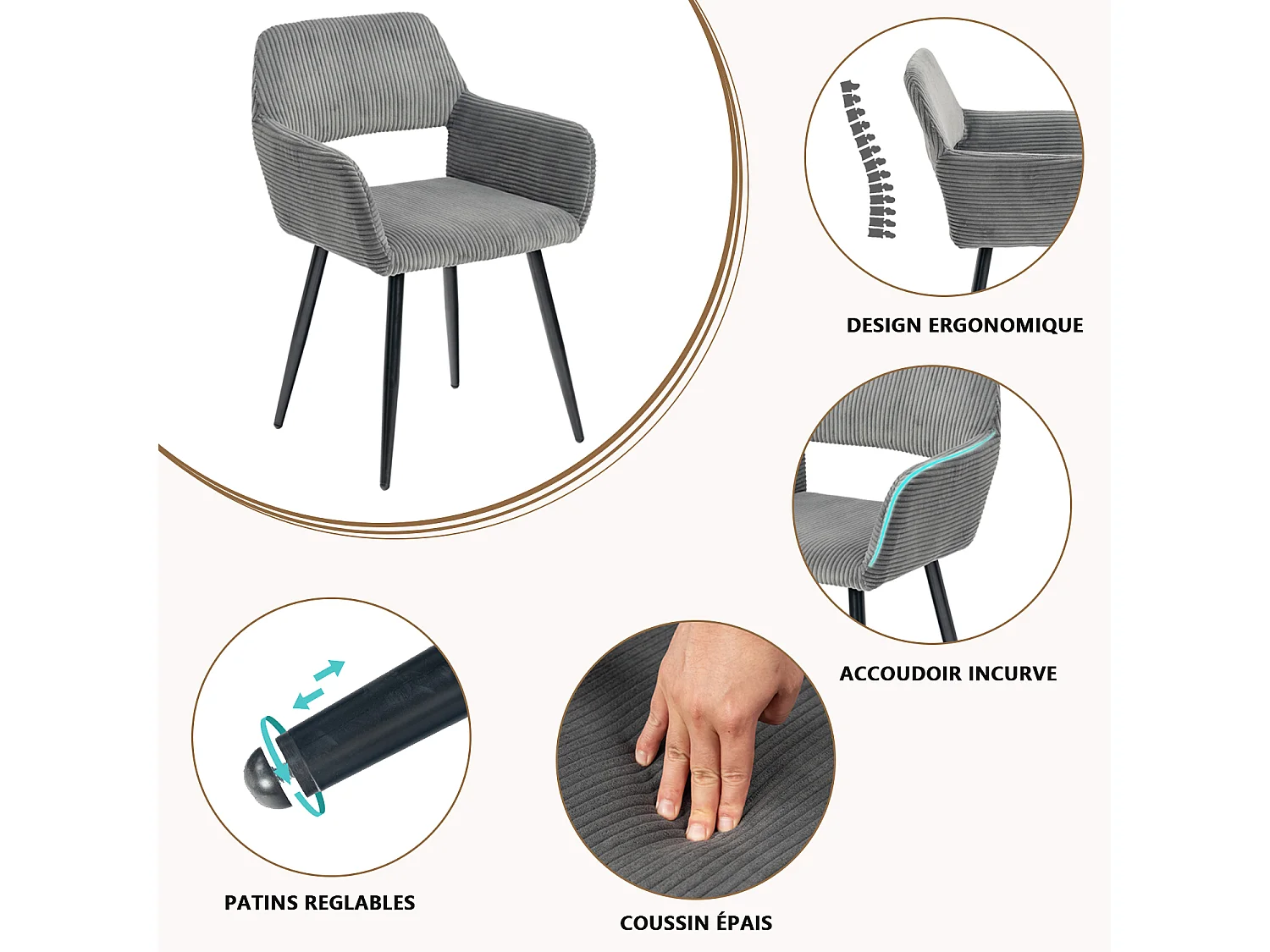 Lot de 6 chaises de salle à manger fauteuils en velours côtelé style scandinave,CROMWELL