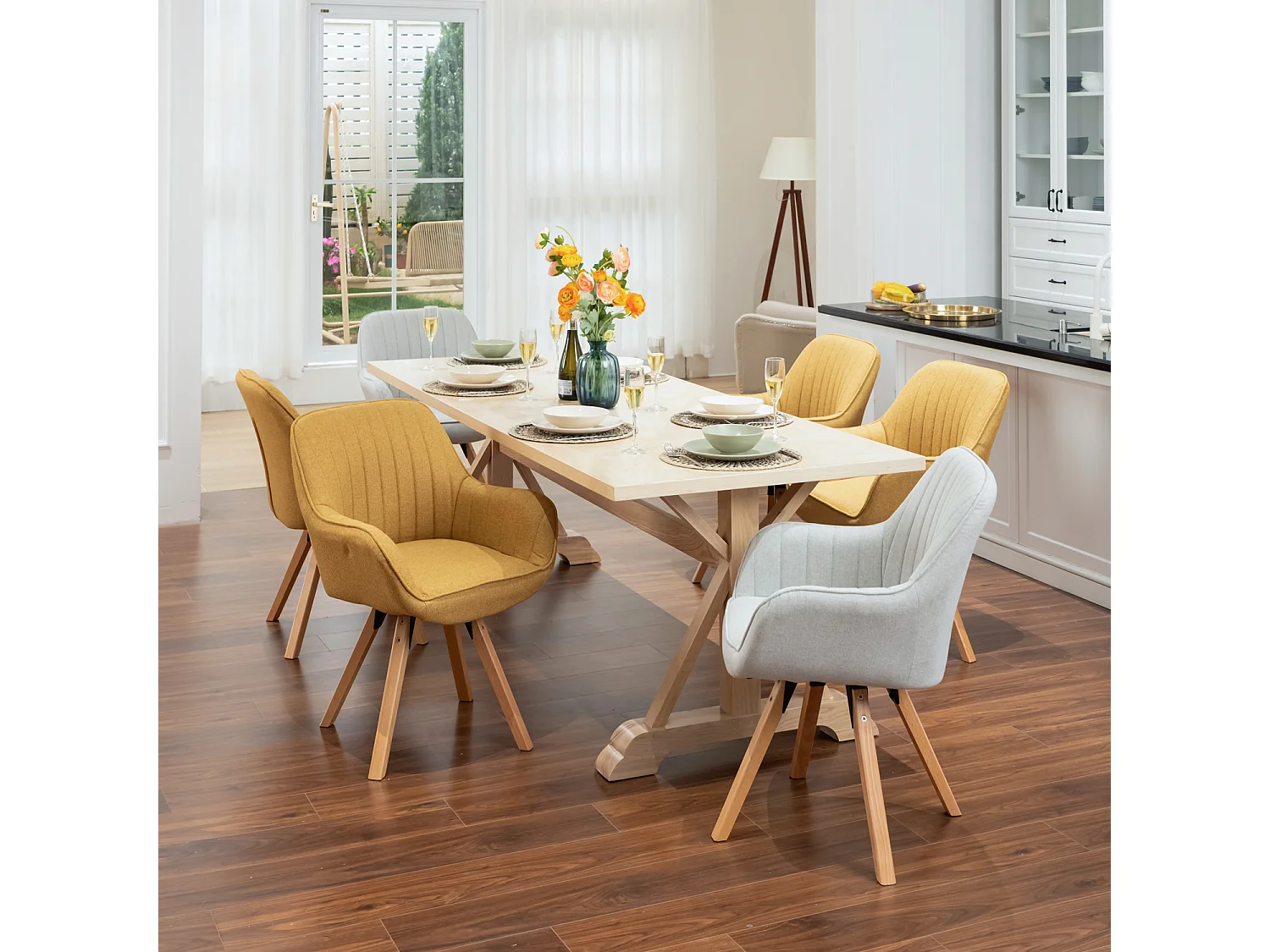 Meubles Cosy CARSON Lot de 6 Fauteuils de salle à manger rotatif style scandinave en beige