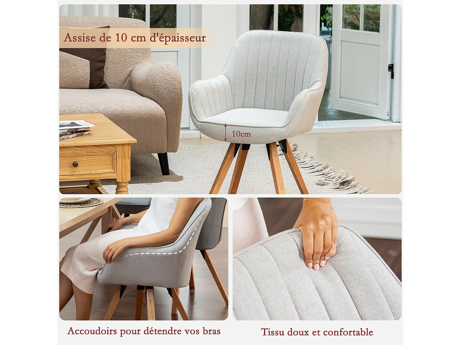 Meubles Cosy CARSON Lot de 6 Fauteuils de salle à manger rotatif style scandinave en beige
