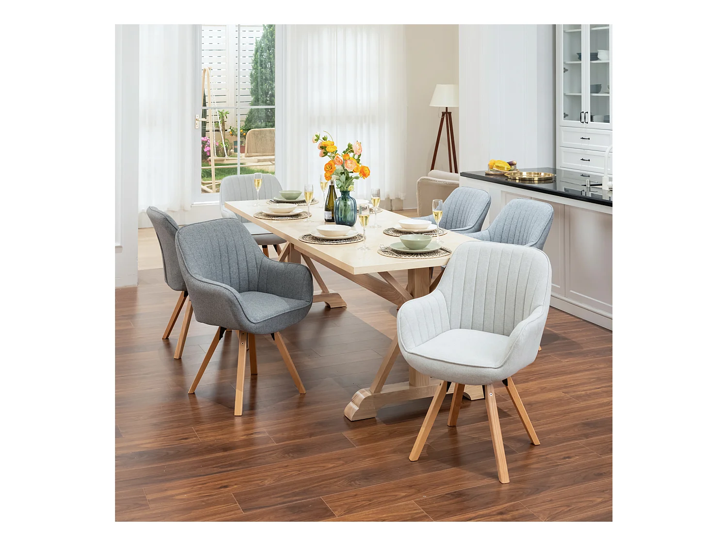 Lot de 6 fauteuil de salle à manger rotatif style scandinave en gris tissu,CARSON