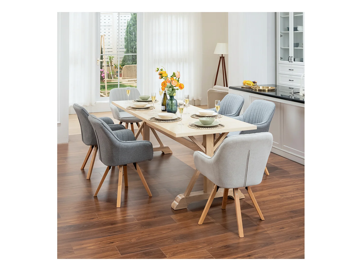 Lot de 6 fauteuil de salle à manger rotatif style scandinave en gris tissu,CARSON