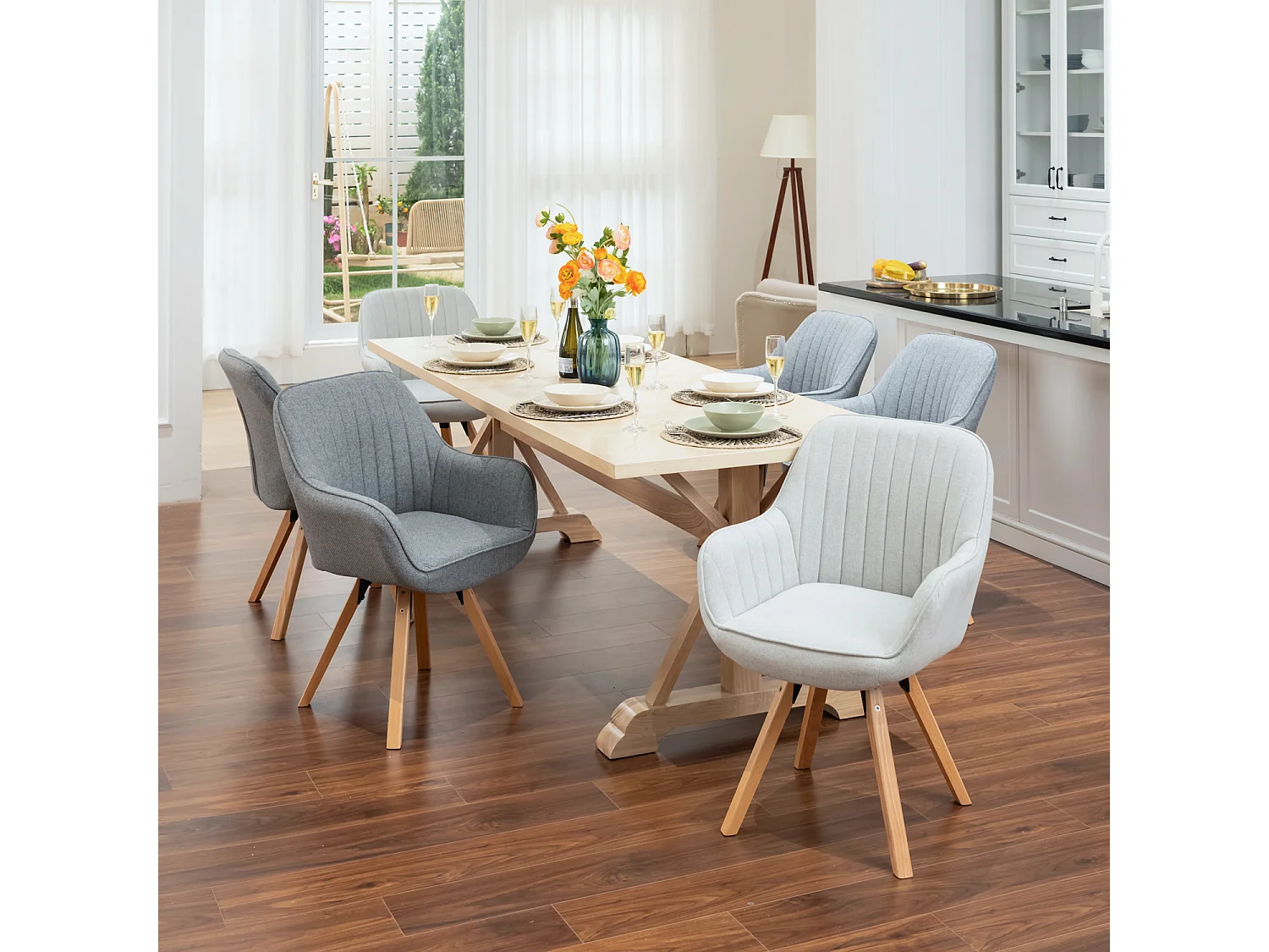 Lot de 6 fauteuil de salle à manger rotatif style scandinave en gris tissu,CARSON