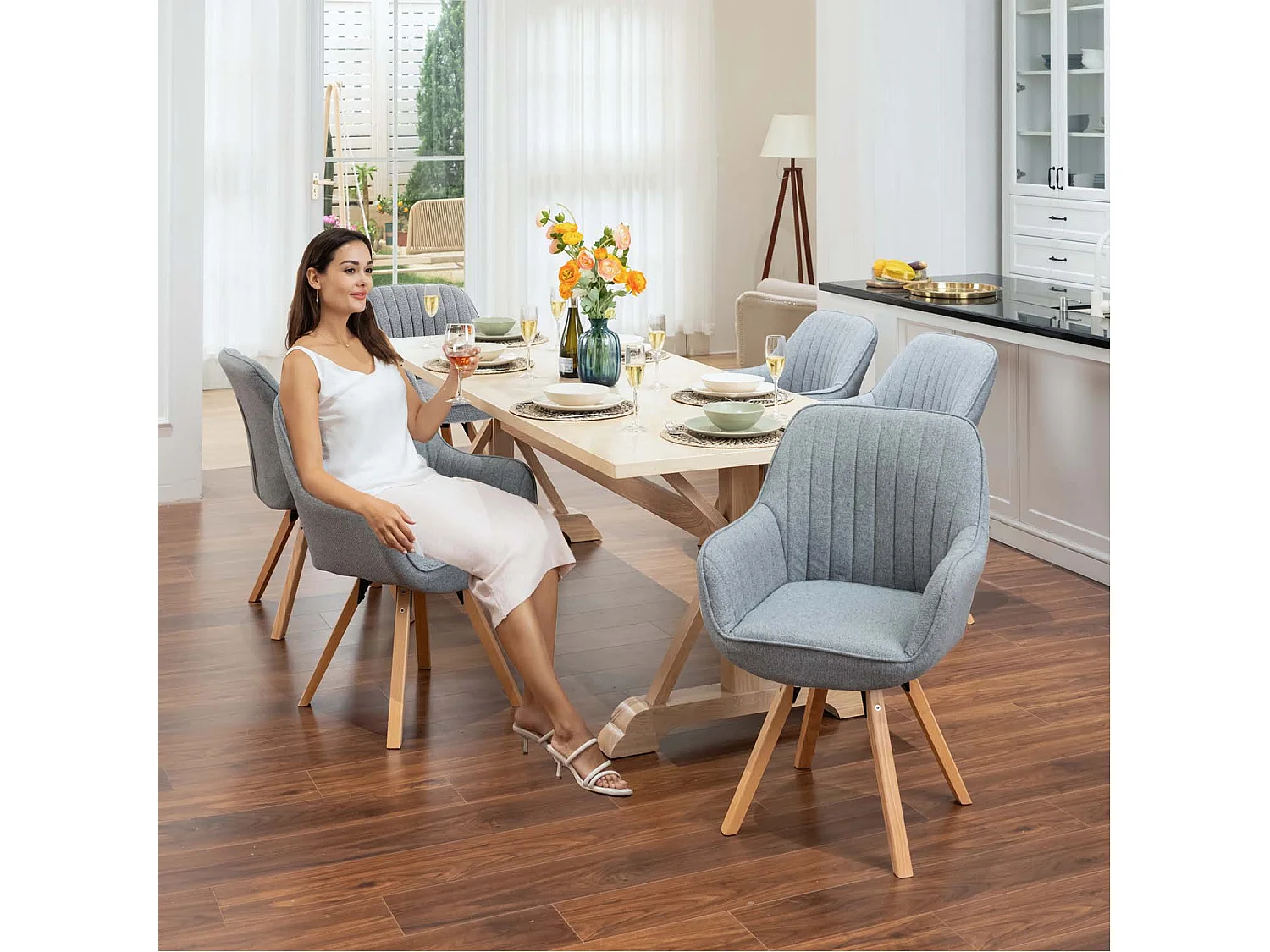 Meubles Cosy CARSON Lot de 6 fauteuils de salle à manger pivotants style scandinave tissu gris