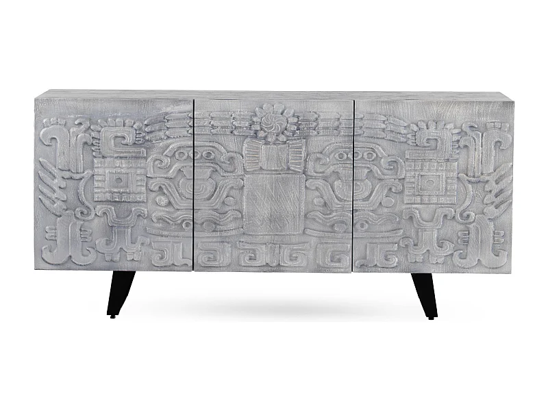 Buffet 3 portes gris en bois massif de manguier