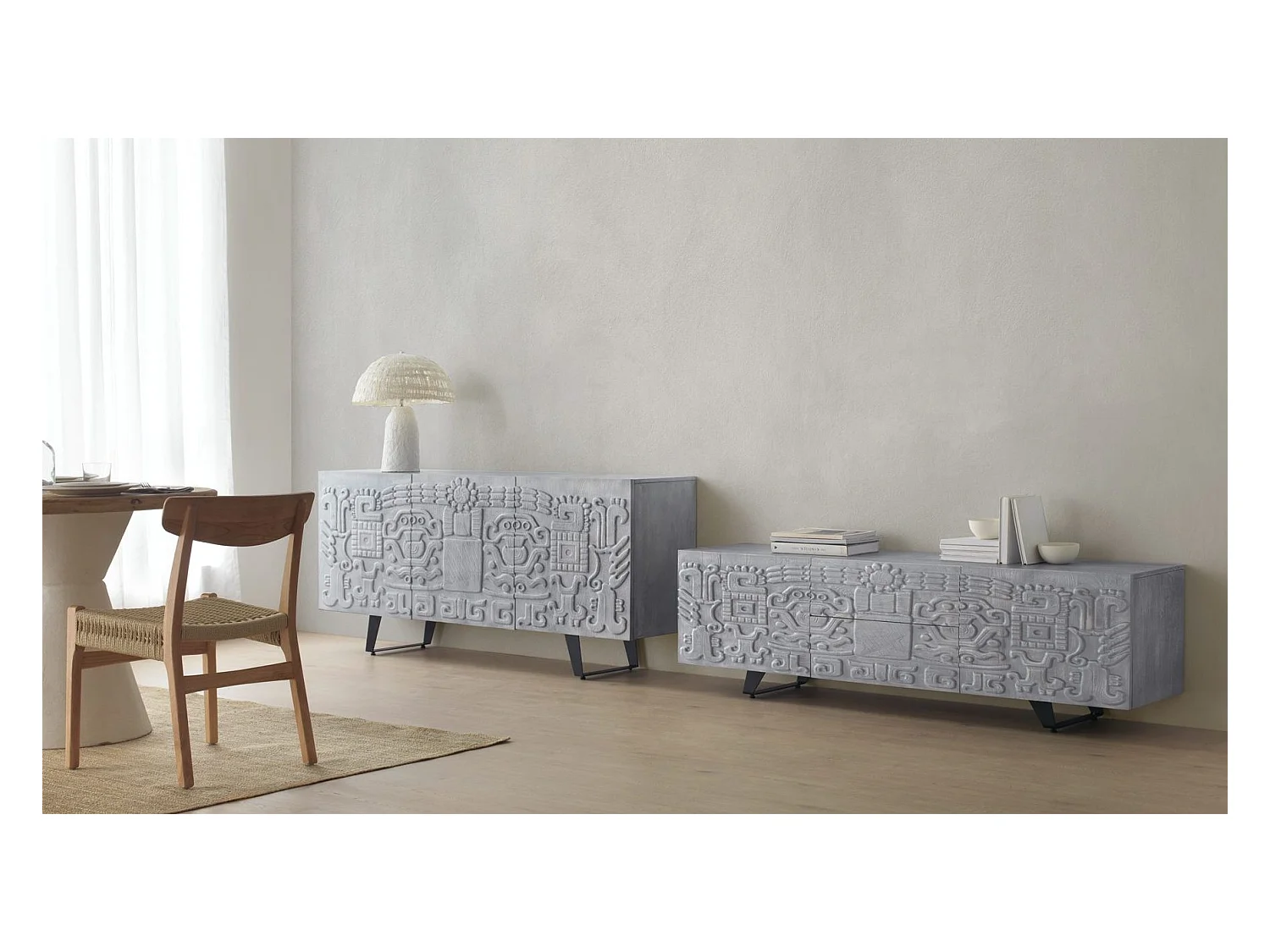 Buffet 3 portes gris en bois massif de manguier