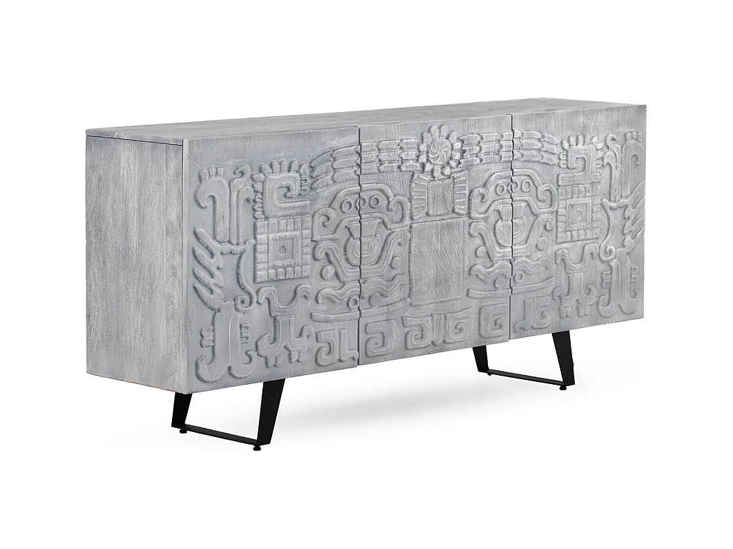 Buffet 3 portes gris en bois massif de manguier