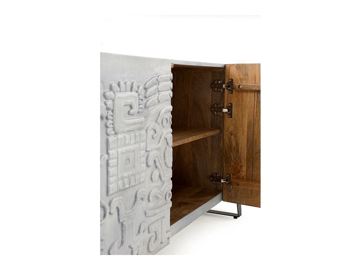 Buffet 3 portes gris en bois massif de manguier